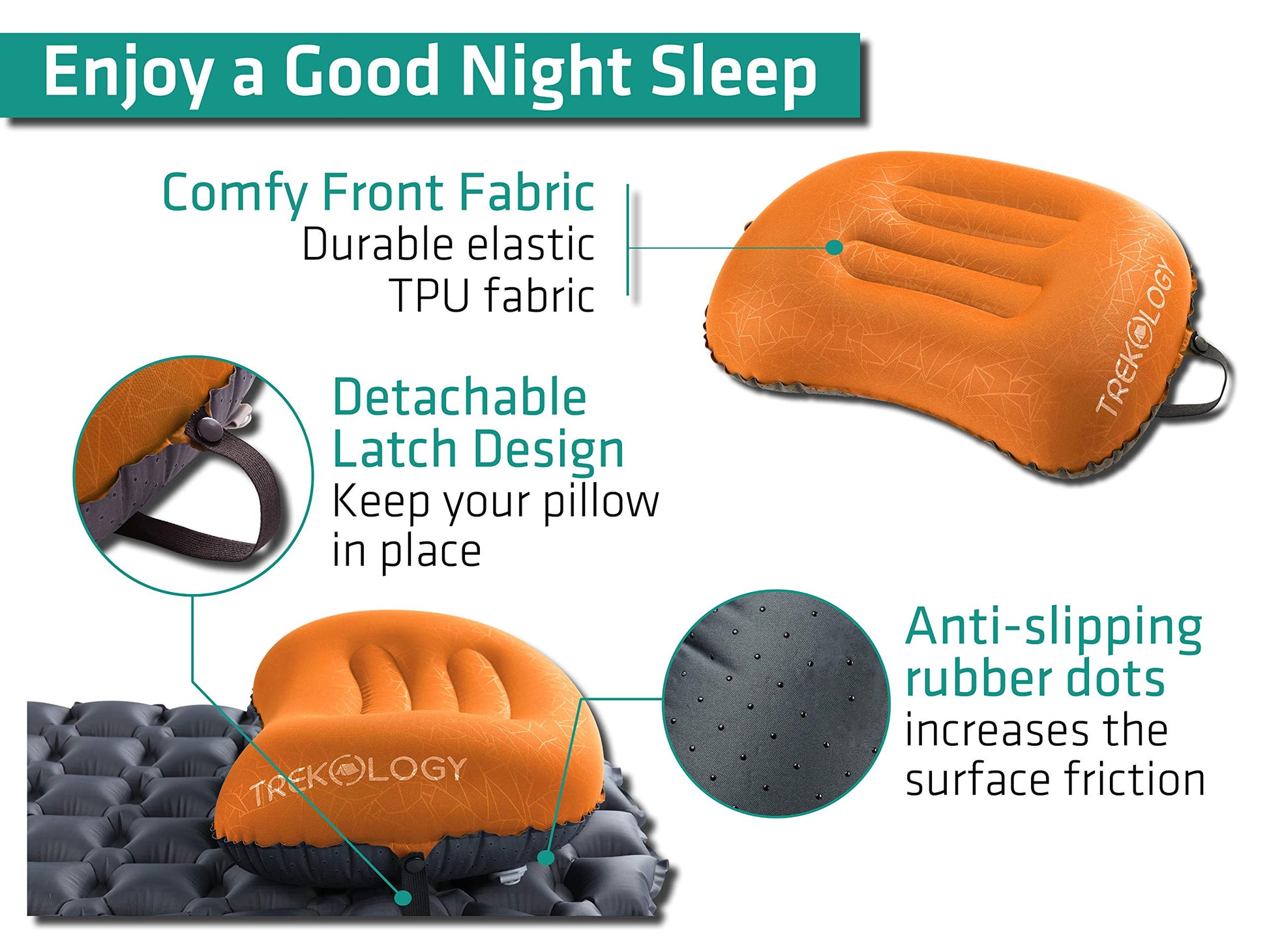 TREKOLOGY Ultralight Inflatable Camping Travel Pillow - ALUFT 2.0 Compressible, Compact, Comfortable, Ergonomic Inflating Pillows for Neck & Lumbar Support While Camp, Hiking, Backpacking