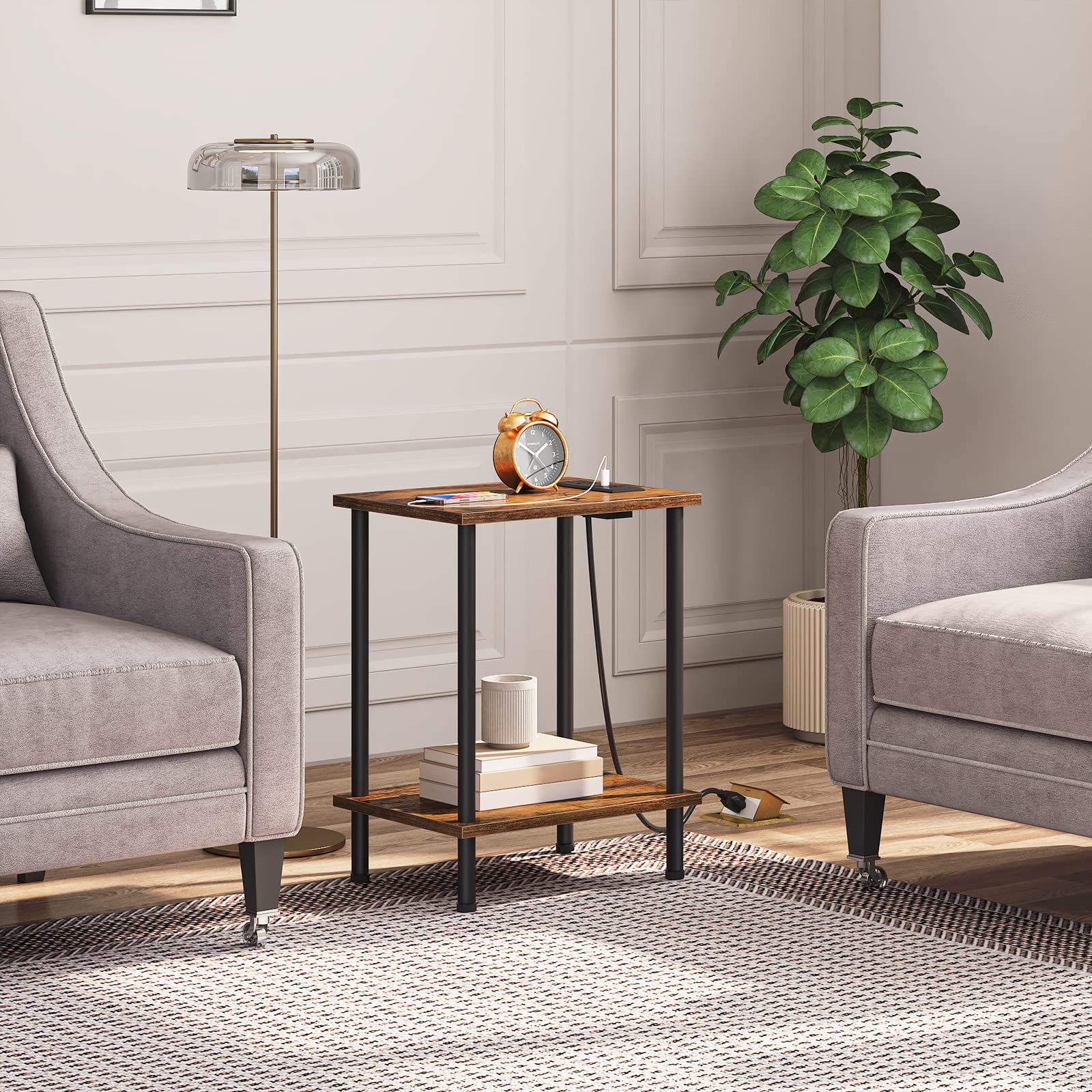 HOOBRO Side Table with Charging Station, End Table with USB Port and Outlet, Nightstand with 2-Layer Storage Shelves for Small Spaces, Living Room, Bedroom, Stable Frame, Rustic Brown BF09UBZ01