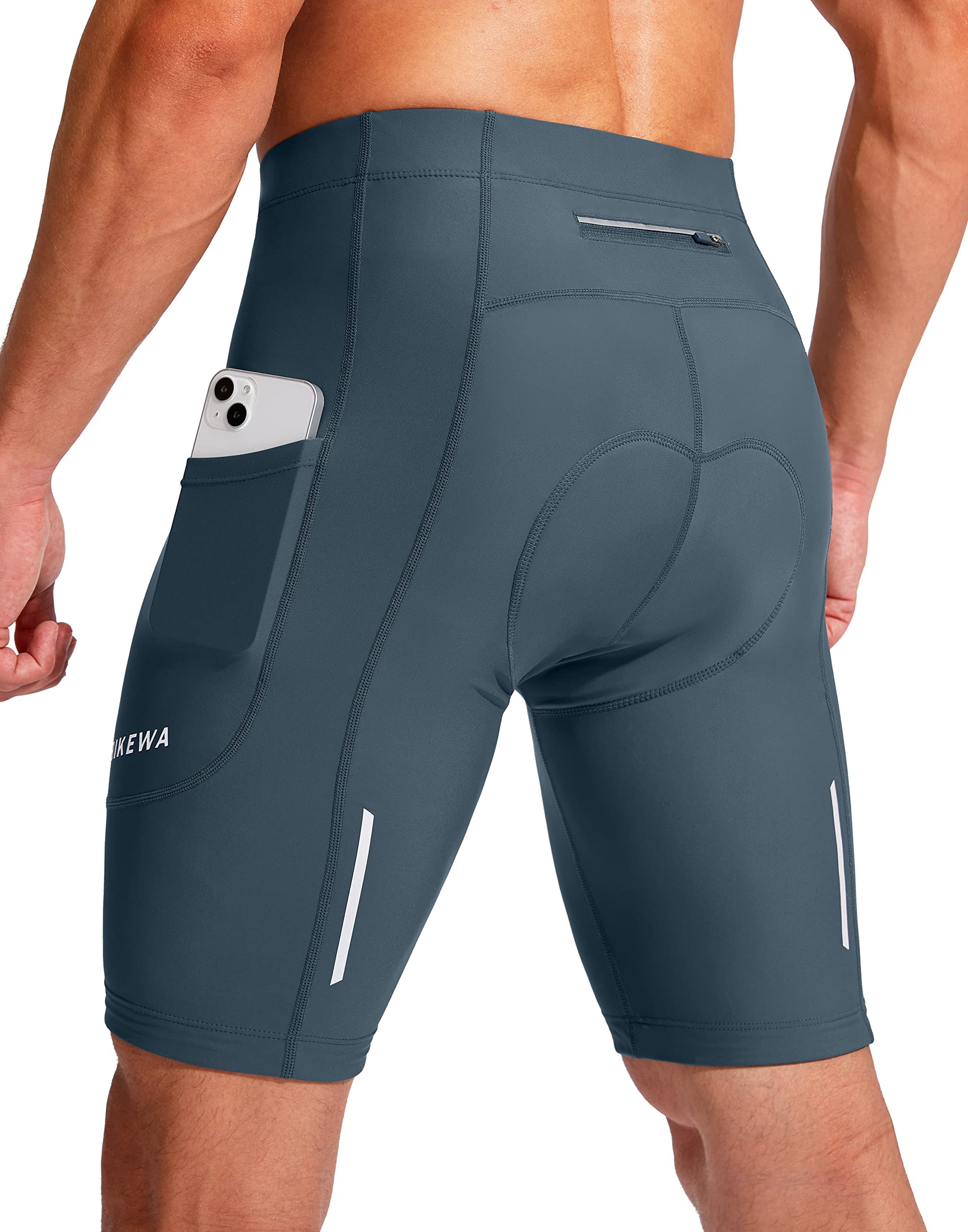 Men's Bike Shorts 3D Padded Cycling Road Biking Underwear Mountain Riding Biker Bicycle UPF 50+ Cycle Shorts Zipper Pockets(Blue Grey,L)