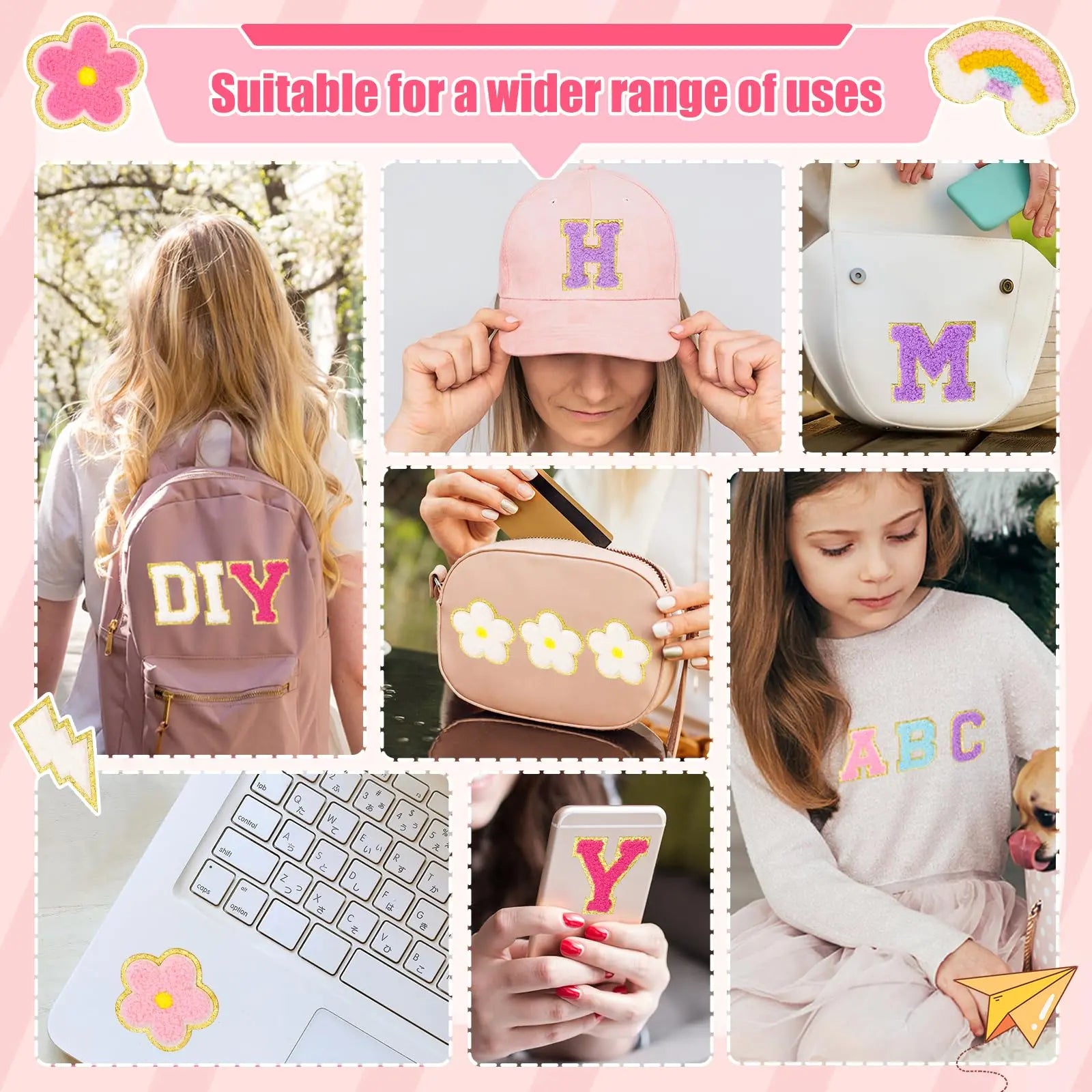 72 Pcs Preppy Chenille Patches Self Adhesive Embroidered for DIY Clothing,Include 52 A-Z Chenille Letter Patches Stickers,20 Rainbow Flower Lighting Bowknot Stick on Patches for Bags Backpacks Hats