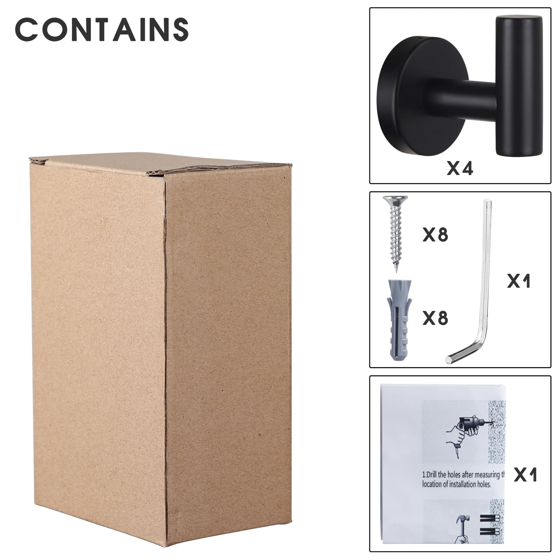 Towel Hooks Bathroom Coat Robe Wall Hook Heavy Duty Door Hanger Towel Robe Clothes Cabinet Closet Sponges Rack for Bathroom Bedroom Kitchen Hotel Pool 4 Packs Matte Black(Drilling Installation)