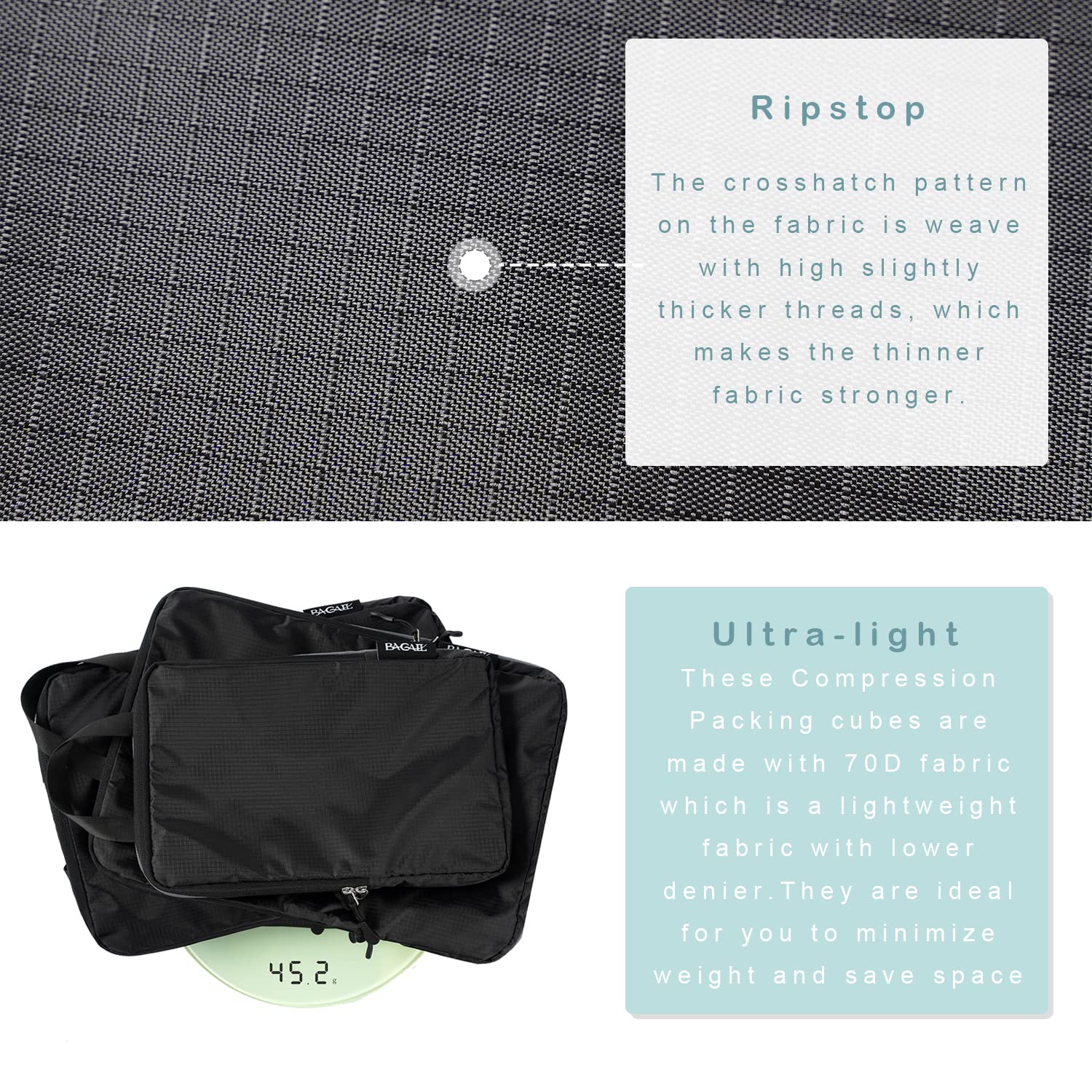 BAGAIL 6 Set Ultralight Compression Packing Cubes Packing Organizer for Travel Accessories Luggage Suitcase Backpack(70D Black)
