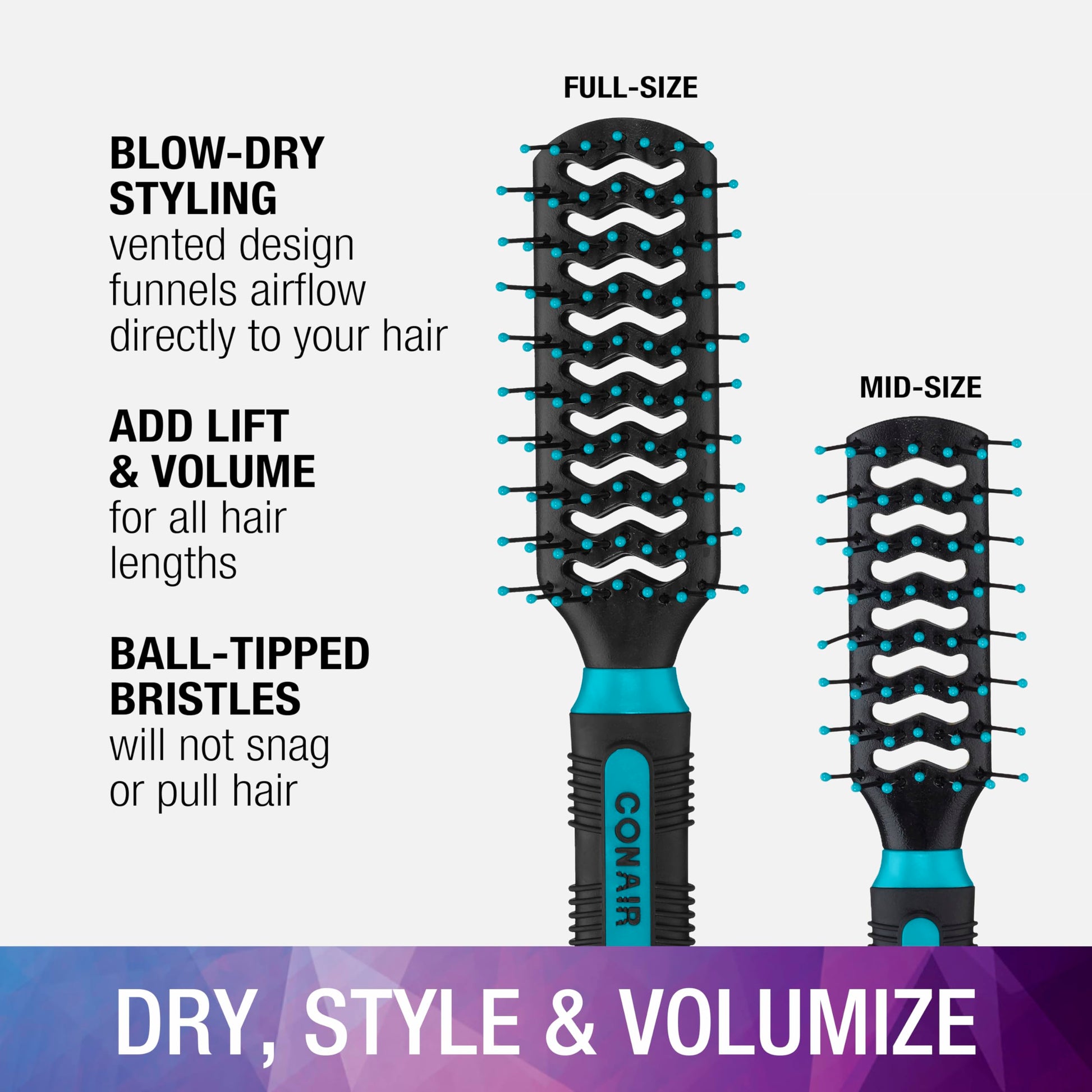 Conair Grip & Lift Vent Hairbrush 2PK, Full-Size and Mid-Size Brush Set, Nylon Bristle Hairbrushes for Blowout Styling, Value Pack