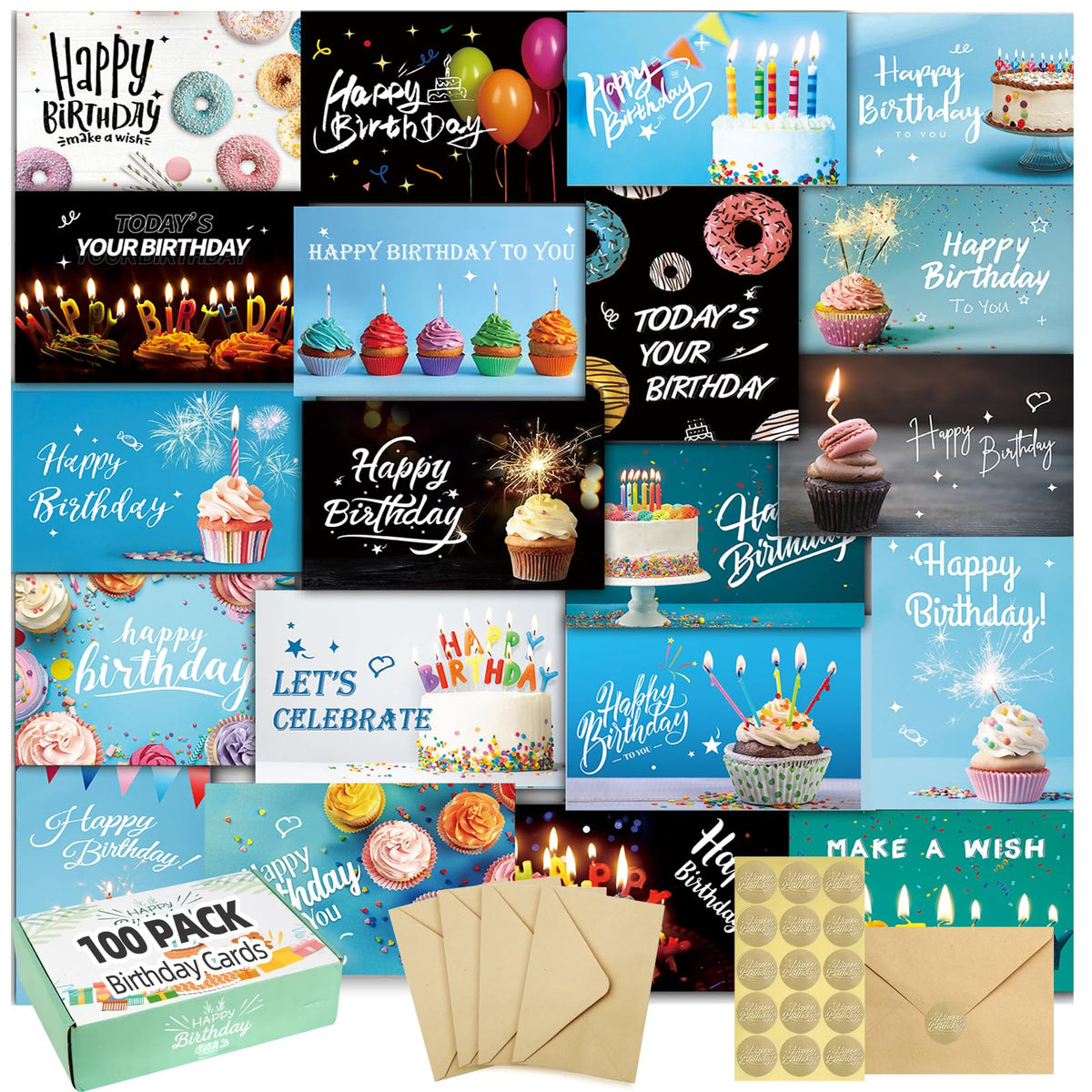 100 Geburtstagskarten mit Umschlägen, 20 einzigartige Designs, Geburtstagskarten Großpackung mit kurzer generischer Botschaft innen, 10x15 cm, Sortierte Geburtstagskarten für Geschäft, Büro und Privat