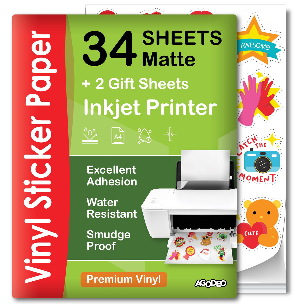 Premium Printable Vinyl Sticker Paper for Inkjet Printer - 34 Sheets Self-Adhesive Sheets Matte White Water-Resistant, Dries Quickly Vivid Colors, Holds Ink Well - Tear Resistant