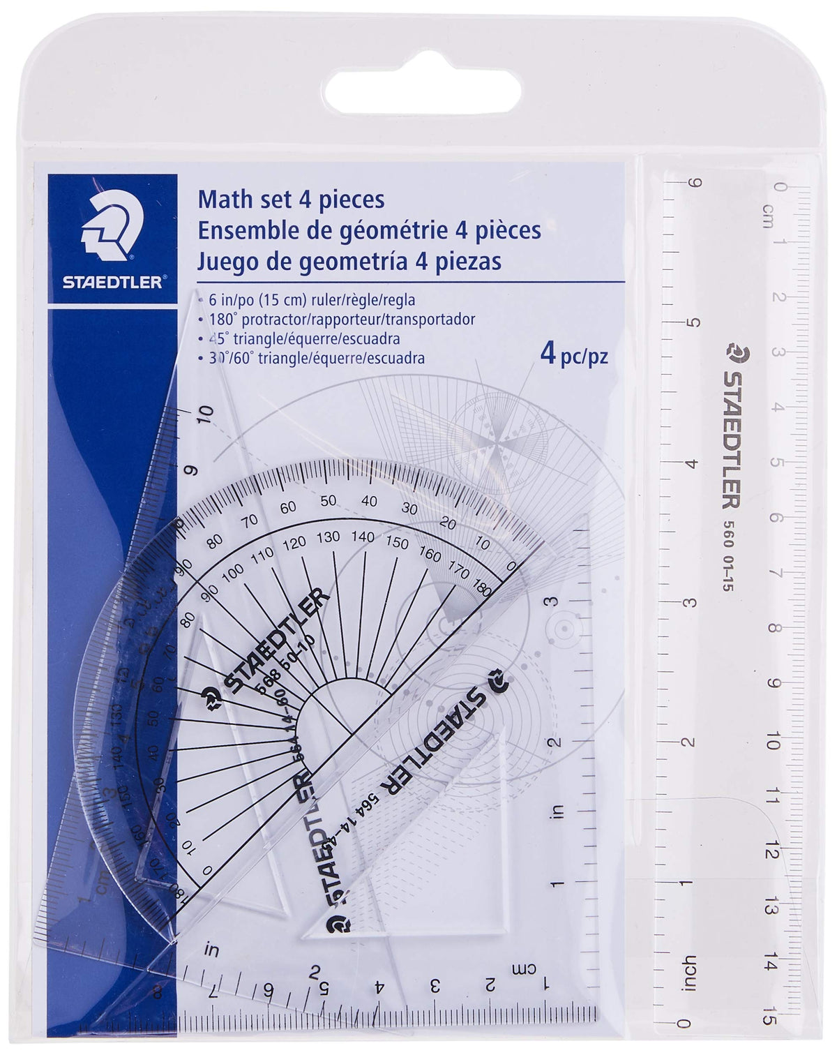 STAEDTLER Math Set - 4 pc Geometry Kit for Students - School Supplies with Clear Protractor, 6in Ruler & 2 Triangles - Metric & Imperial Scales
