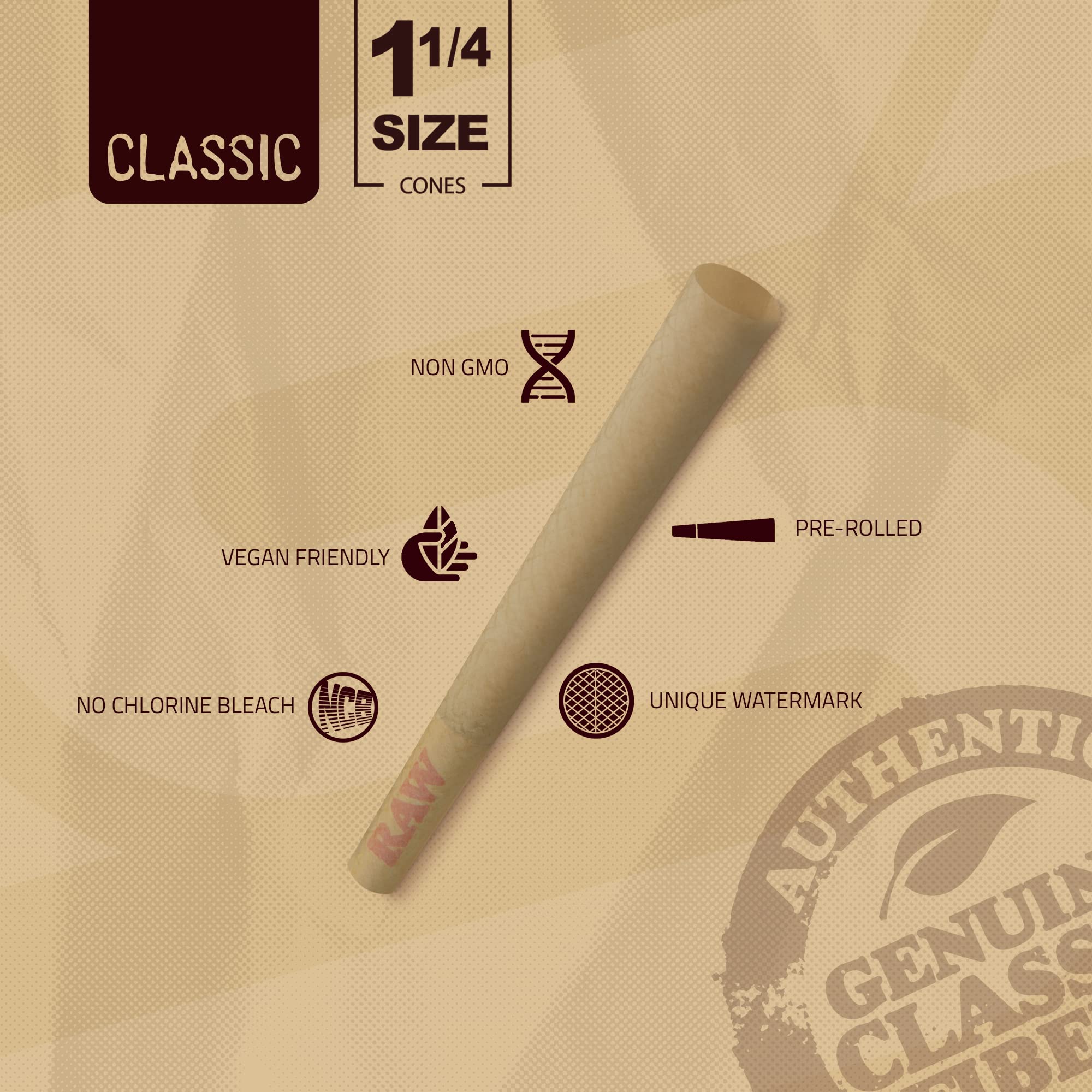 RAW Cones Classic 1-1/4 Size - 50 Pack - Slow Burning Pre Rolled Cones made of Paper with Tips & Packing Tubes Included