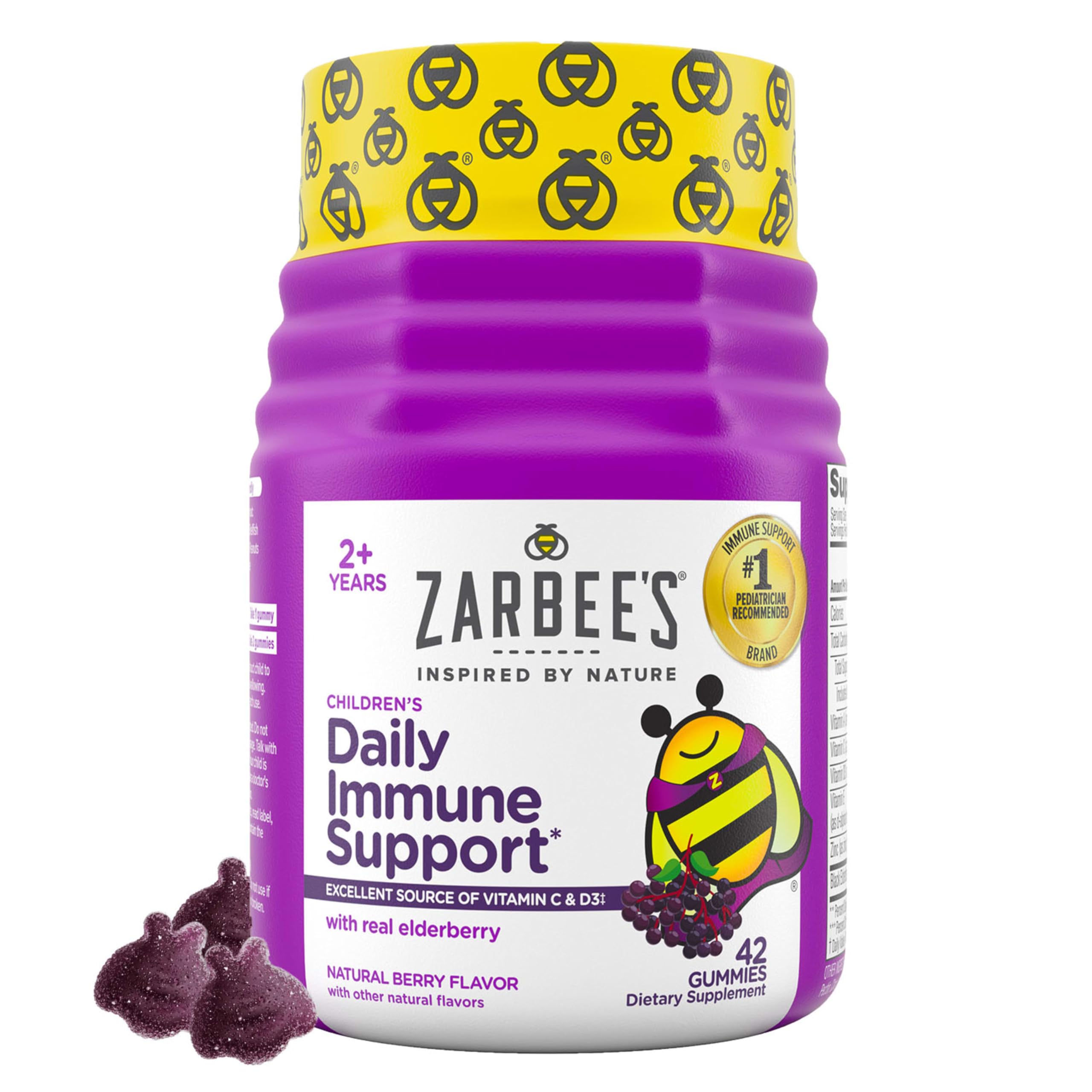 Zarbee's Kids Elderberry Immune Support Supplement Gummies, Vitamins A C D3 E & Zinc, Elderberry Extract, Gluten & Gelatin Free, No Artificial Flavors, Natural Berry Flavor, Ages 2+, 42 Ct