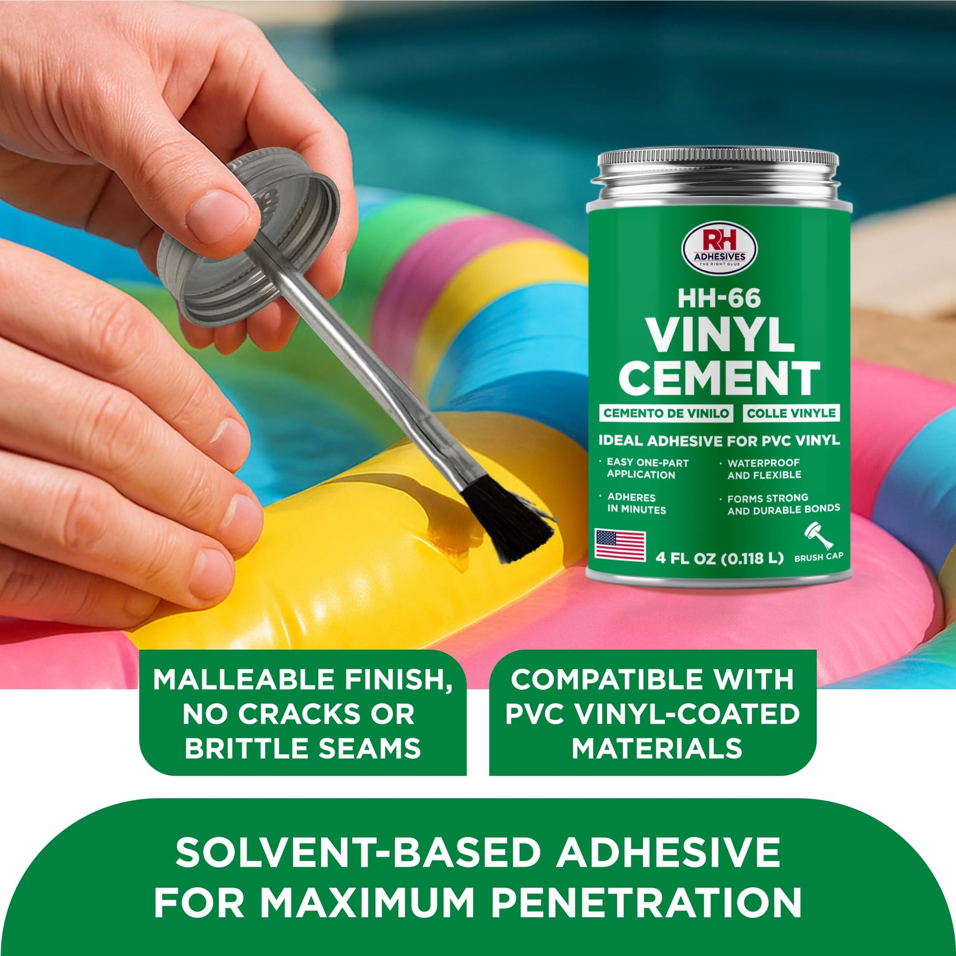 HH-66 Vinyl Cement, 4 oz. can - Vinyl Adhesive, Cement Glue, Repair Glue, Inflatables, Pool Liner, Tarps, Tents, Awnings, Mats, Covers, Waterproof, High Strength, Long Lasting, RH Adhesives