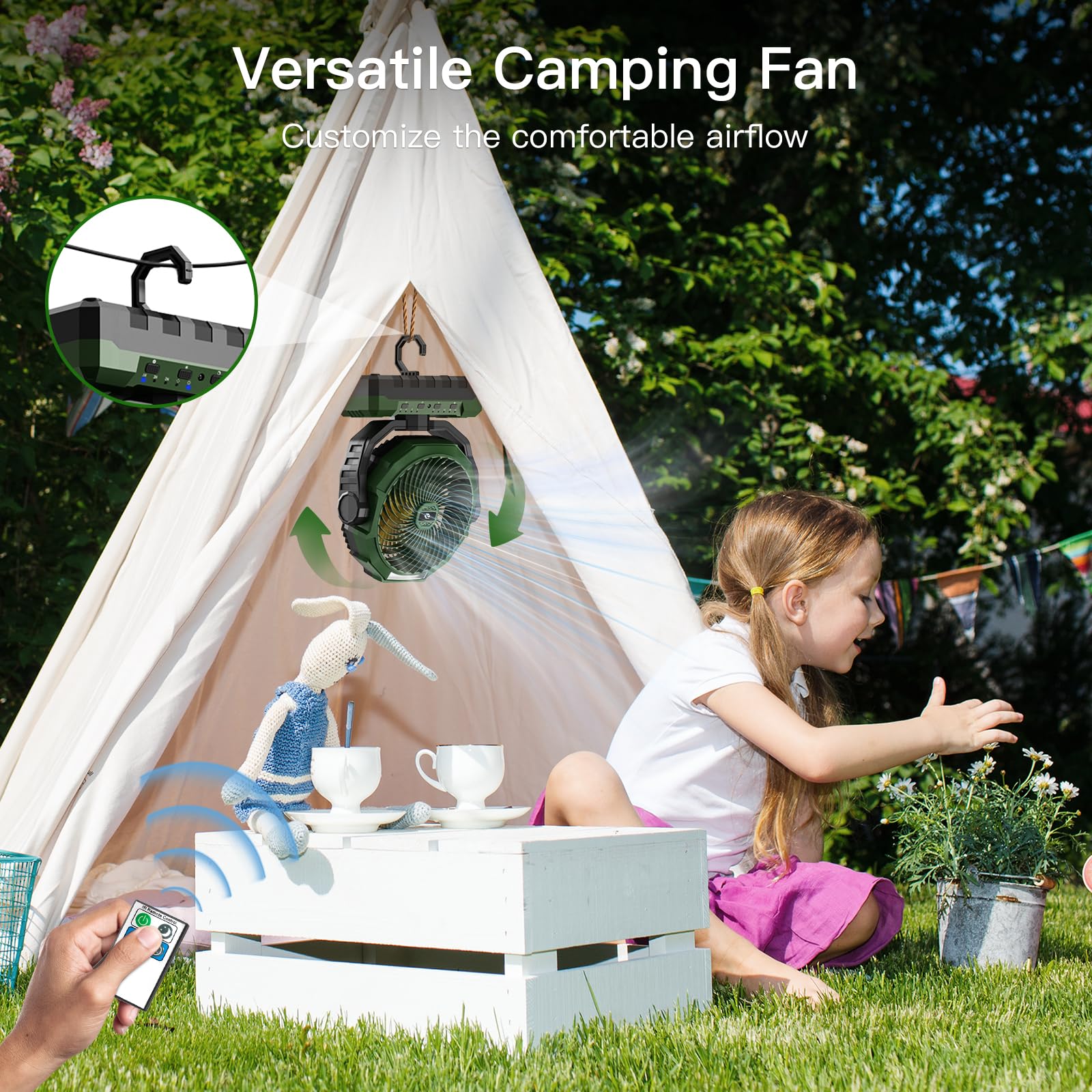 FRIZCOL 3-in-1 Camping Fan - Portable Fans Rechargeable - 24000mAh Battery Powered Fan(140Hrs) with Light & Remote for Indoor, Outdoor, Tent, Travel, BBQ, Fishing, Jobsite - Green