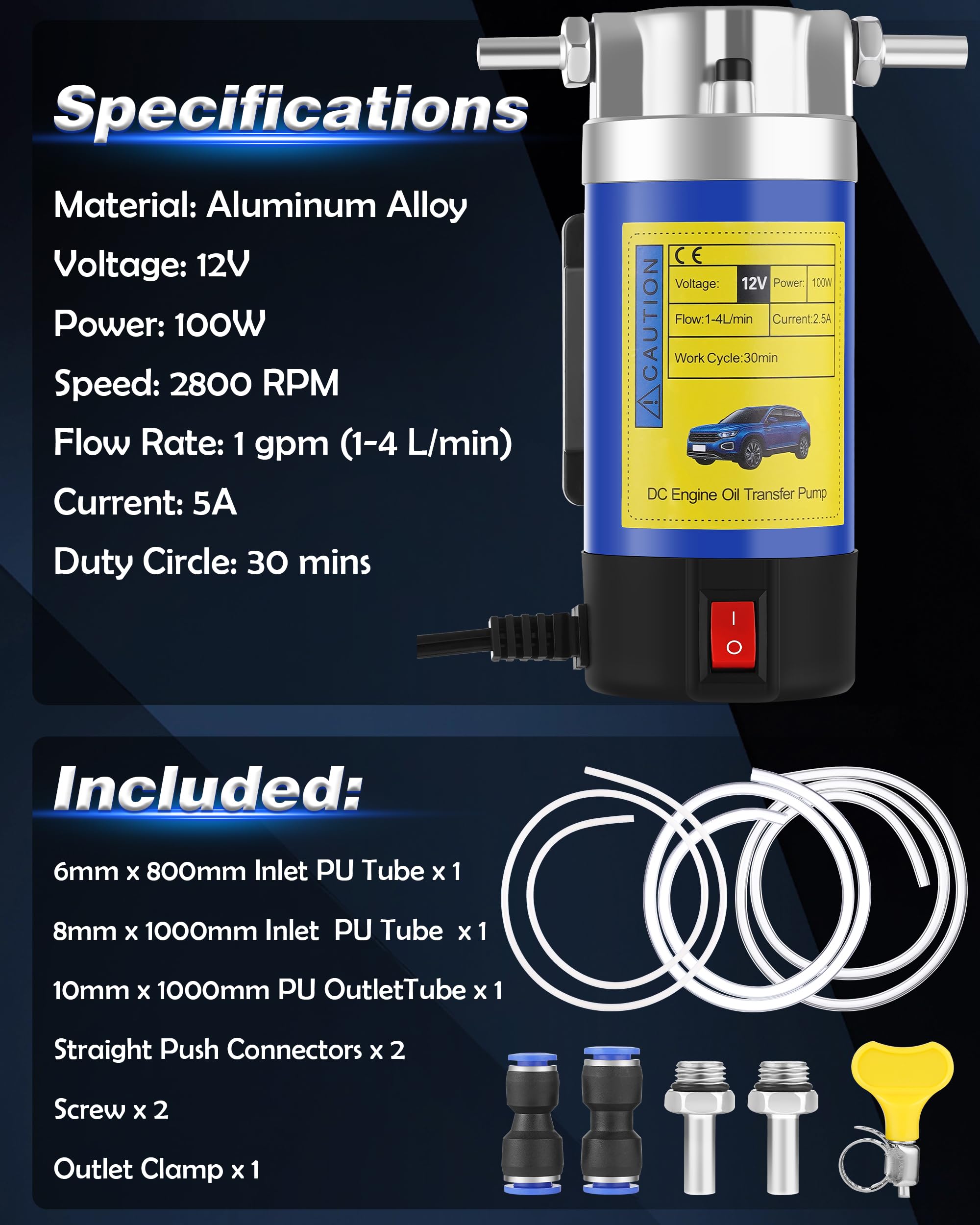 Oil Pump 12V 100W, Oil Extractor Pump for Engine Oil Change, Electric Fluid Transfer Pump for Motor Oil, Gear Oil, Transmission Fluid Removal, Self-Priming Oil Transfer Pump for Car, Mower, Marine