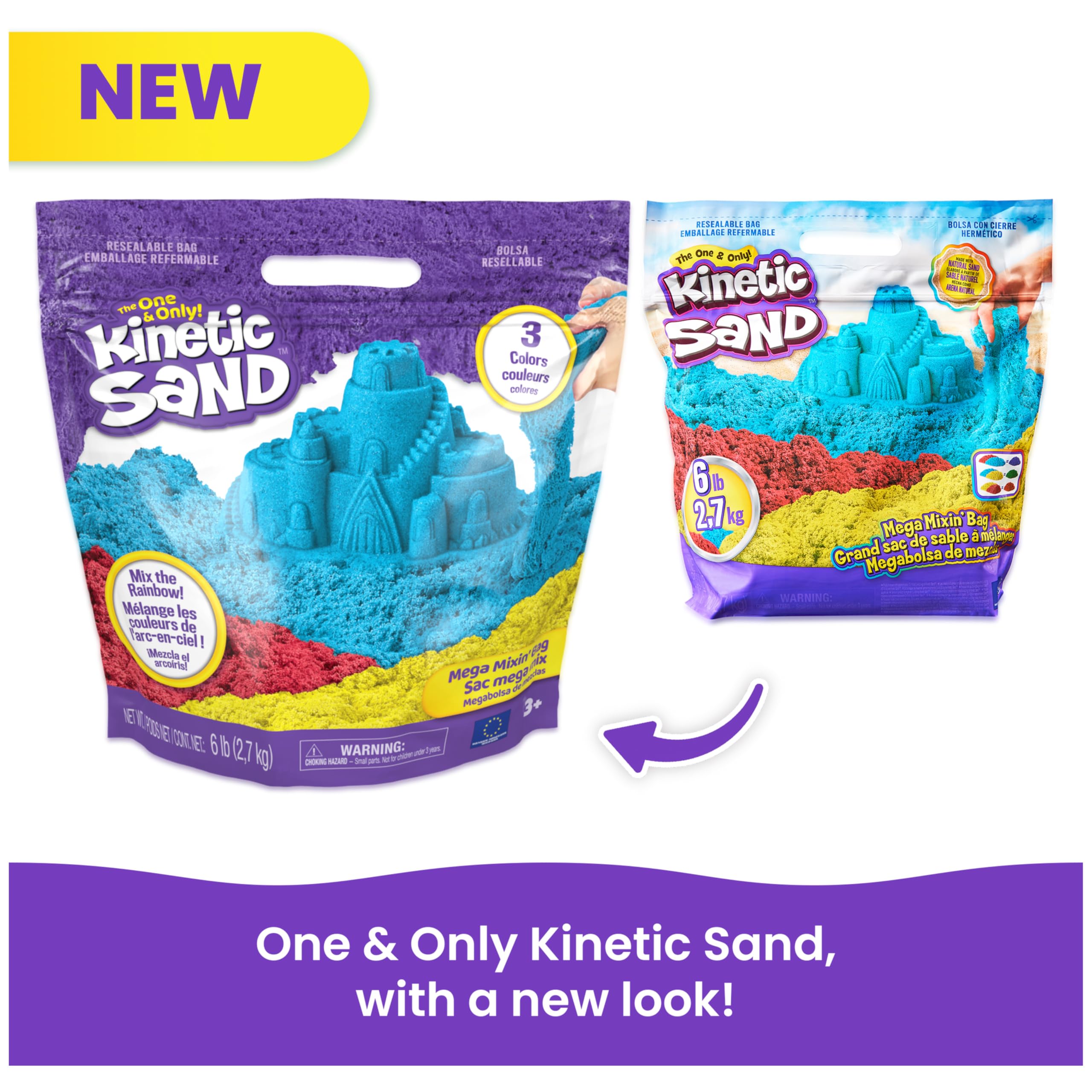 Kinetic Sand, 6lbs Mega Mixin’ Bag with Red, Yellow & Blue Play Sand (Packaging May Vary), Sensory Toys for Kids Ages 3 and up