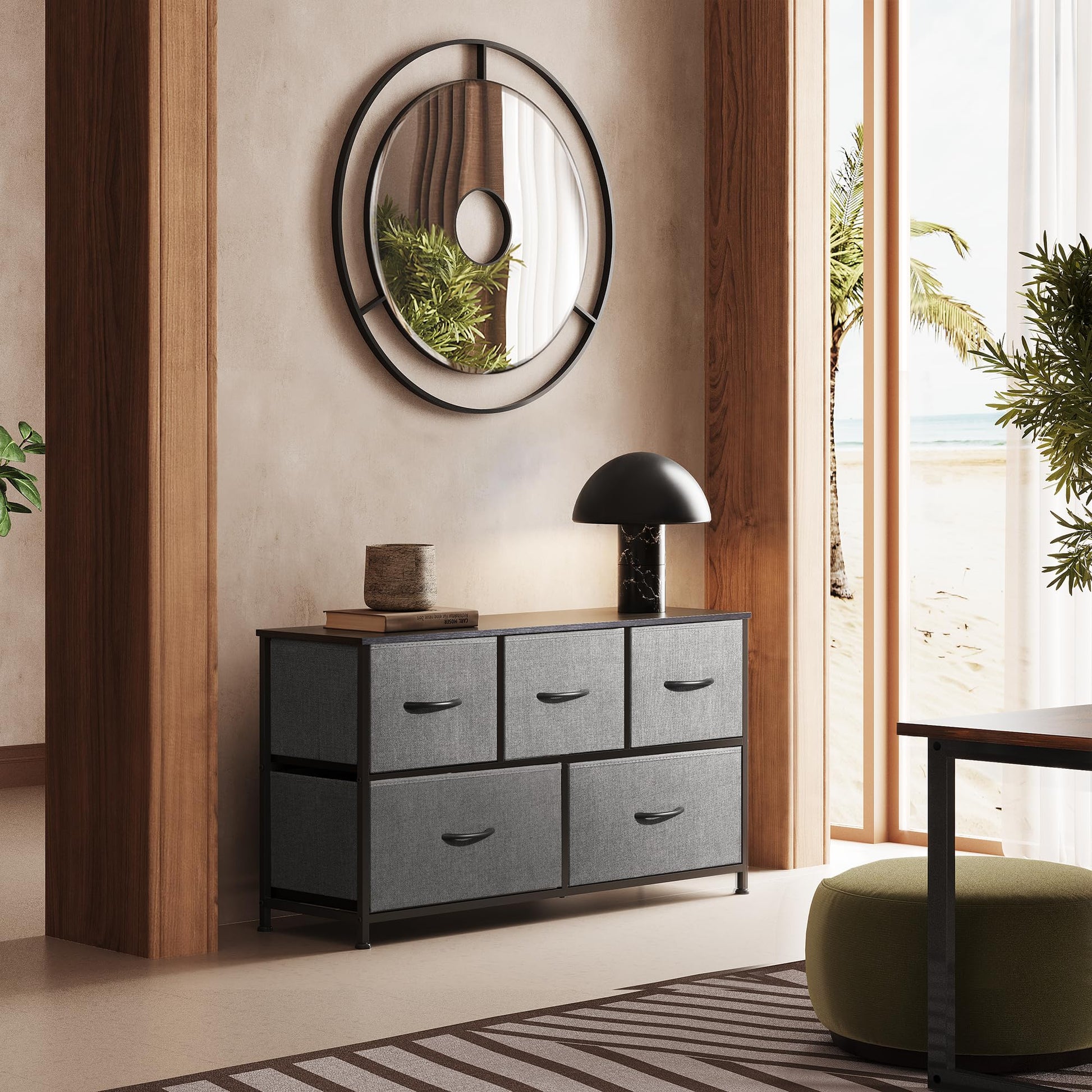 WLIVE Dresser for Bedroom with 5 Drawers, Wide Chest of Drawers, Fabric Dresser, Storage Organizer Unit with Fabric Bins for Closet, Living Room, Hallway, Dark Grey