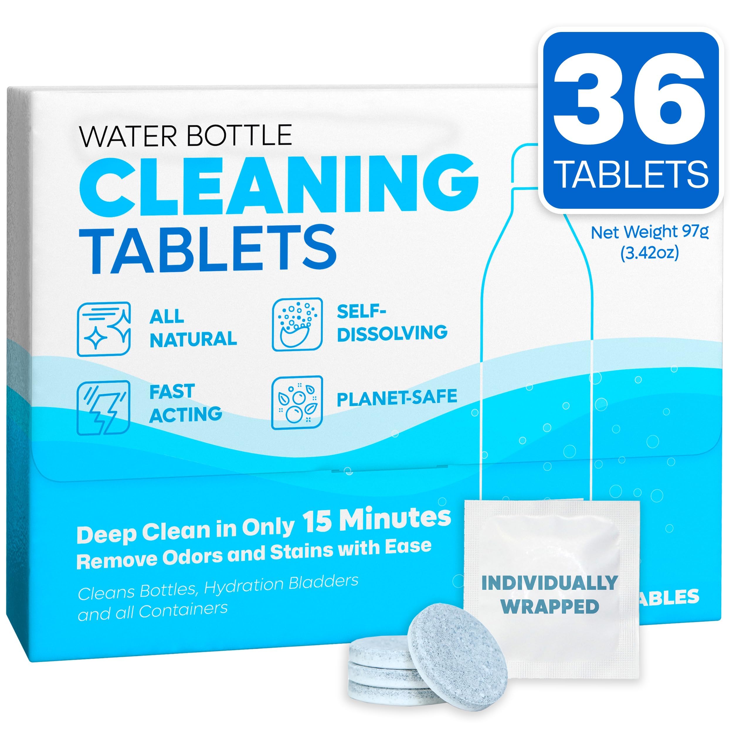 Sudstainables Water Bottle Cleaning Tablets – 36-Pack, Chlorine-Free and Odorless Cleaner for Hydration Bladders, Stainless Steel, Tumblers, and Glass Bottles - Removes Stubborn Stains and Odors