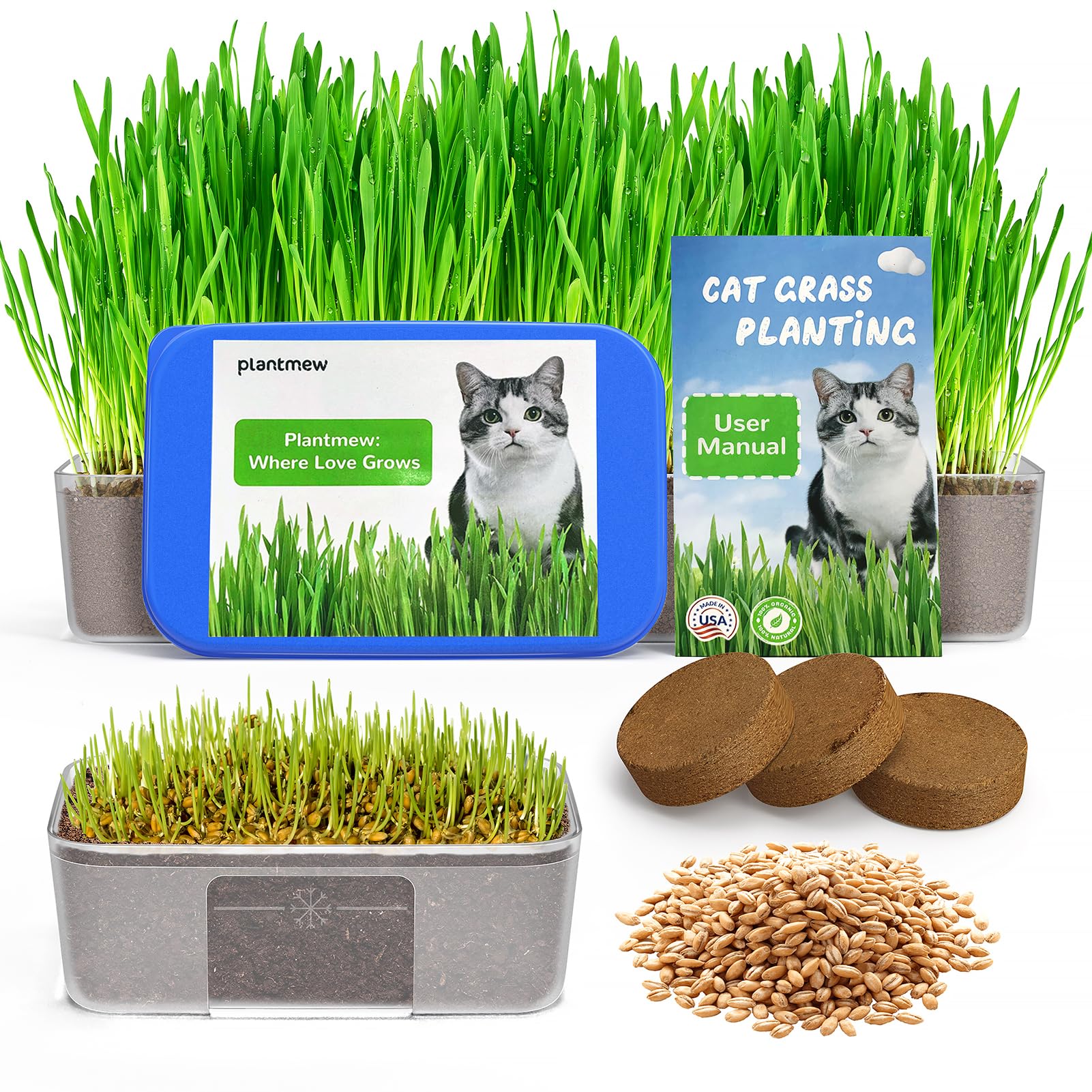 Cat Grass Kit for Indoor Cats - 3 Pack | Organic Wheat Grass Seeds, Grows in 7 Days | Digestive Health & Reduces Hairball | Gift for Cat Lovers with BPA-Free Planters, Soil & Non-GMO Seeds