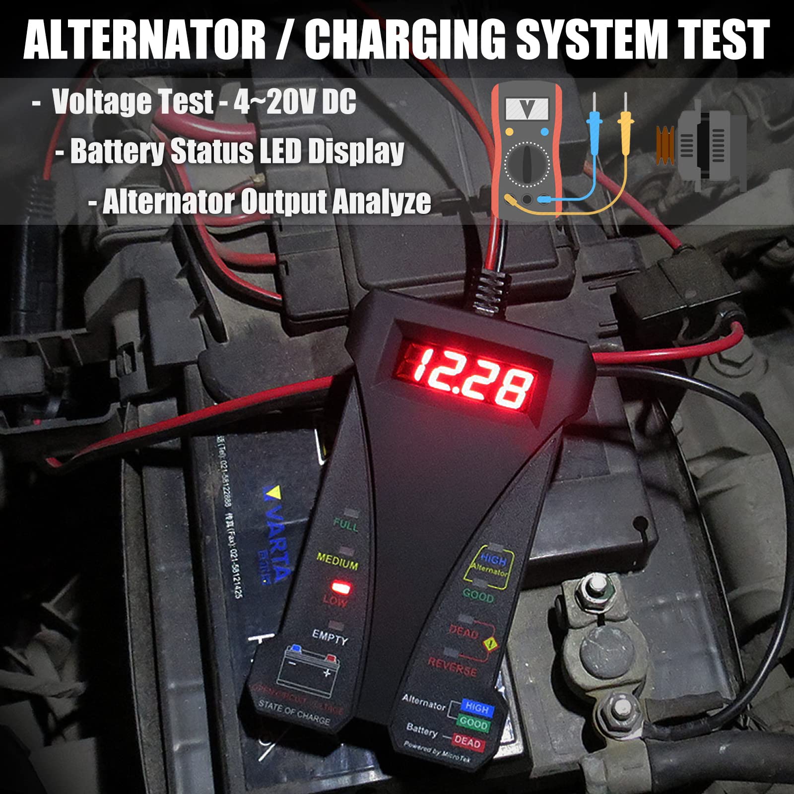 MOTOPOWER MP0514A 12V Digital Car Battery Tester Voltmeter and Charging System Analyzer with LCD Display and LED Indication - Black Rubber Paint