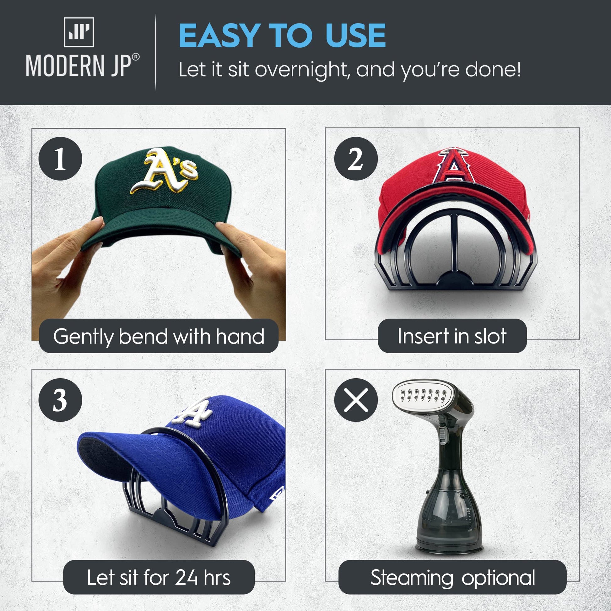 Modern JP Hat Brim Bender (4-Pack) - Perfect Curving Band, Steaming Optional - Convenient Hat Shaper with Dual Bill Bender Slots - USA Patented, Black