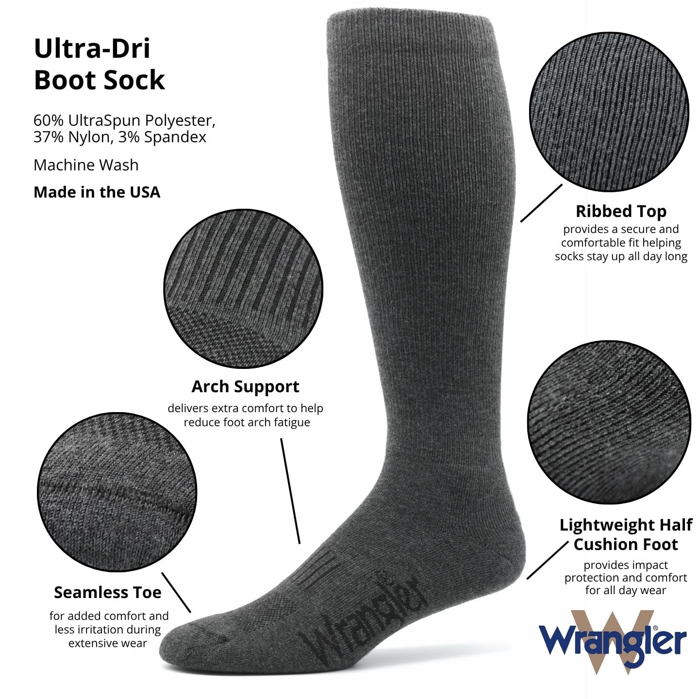 Wrangler Mens Ultra Dri Seamless Toe Western Boot Socks 3 Pair Pack (Charcoal, l)