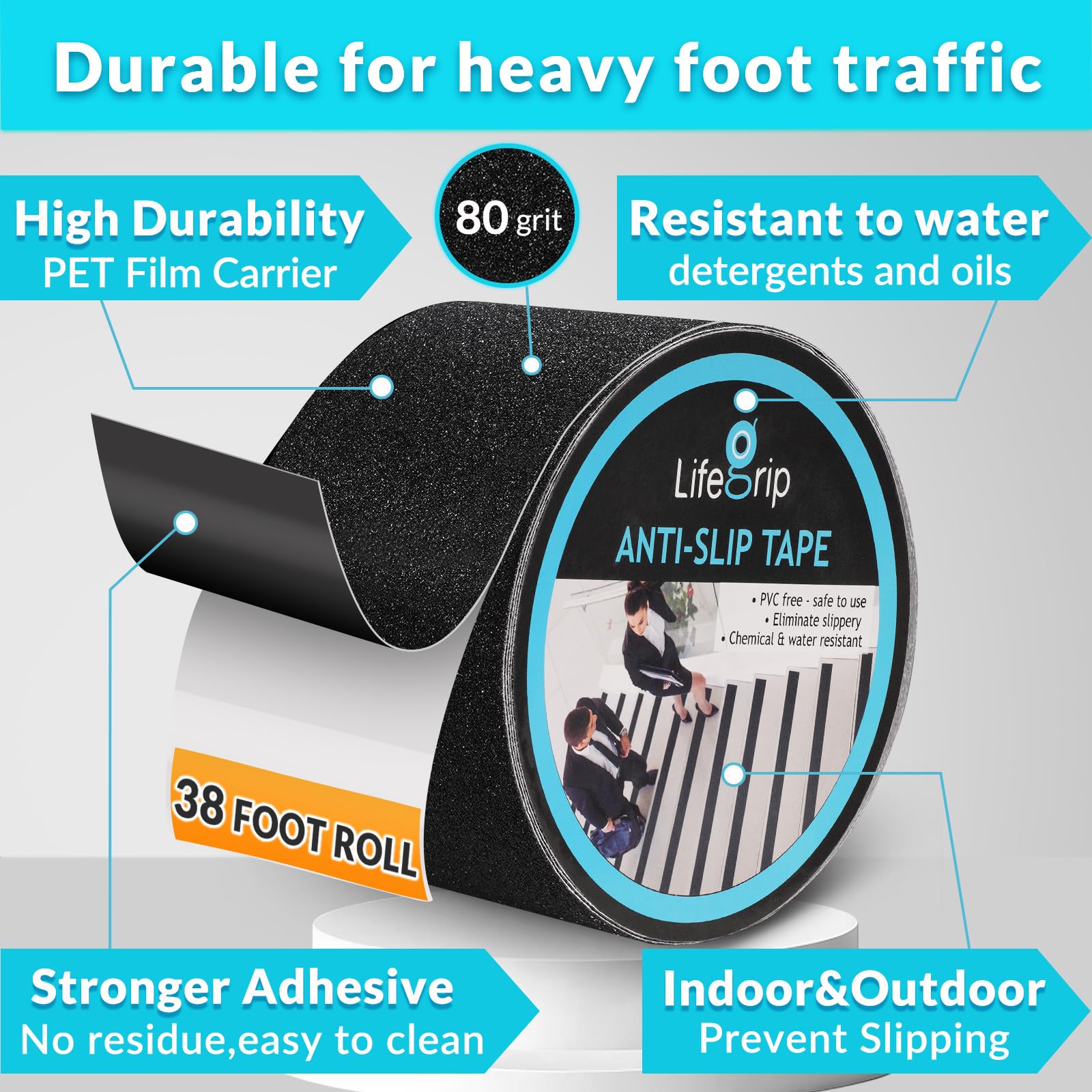 Lifegrip Anti Slip Traction Tape, 4 Inch x 38 Foot - Best Grip, Friction, Abrasive Adhesive for Stairs, Tread Step, Indoor, Outdoor (4" X 38')