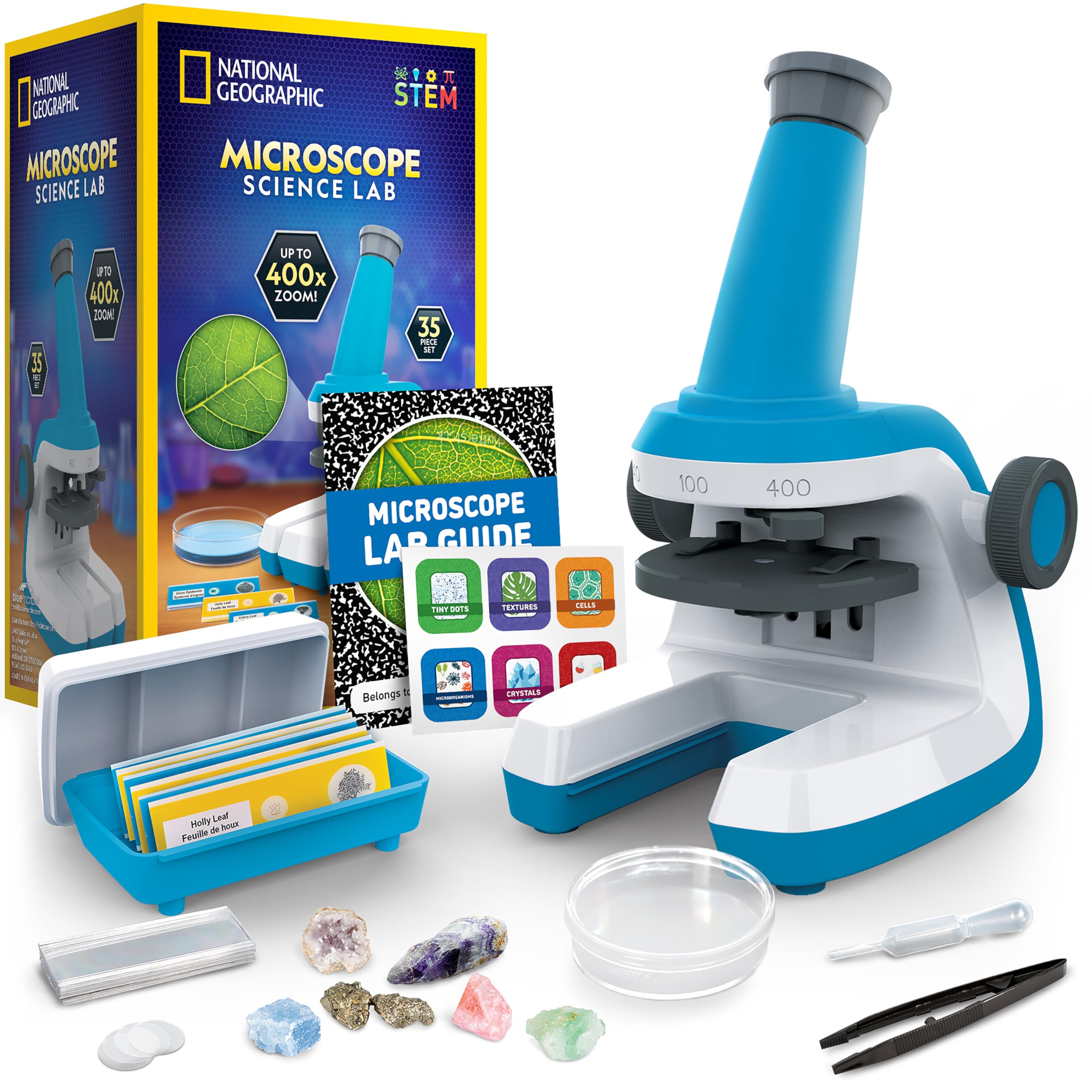 National Geographic Microscope for Kids - Science Kit with an Easy-to-Use Kids Microscope, Up to 400x Zoom, Blank and Prepared Slides, Gifts for 6 7 8 9 & 10, STEM Project Toy ( Exclusive)