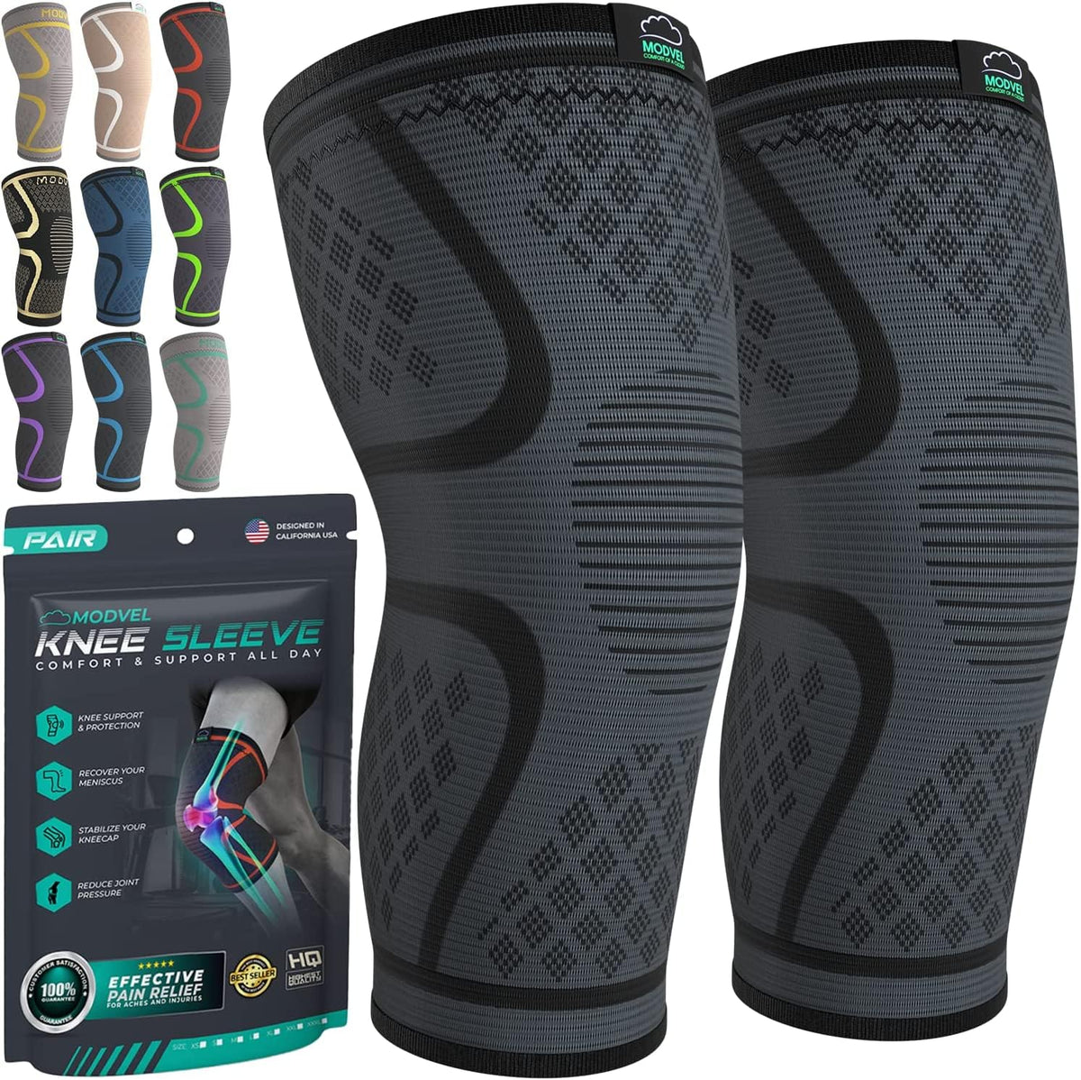 Modvel Kompressions-Kniebandage für Damen & Herren, 2er-Pack Kniebandagen bei Knieschmerzen beim Laufen, Knie-Kompressionsmanschette, Sport-Kniebandagen für Meniskusriss, Kreuzbandriss & Arthritis Schmerzlinderung