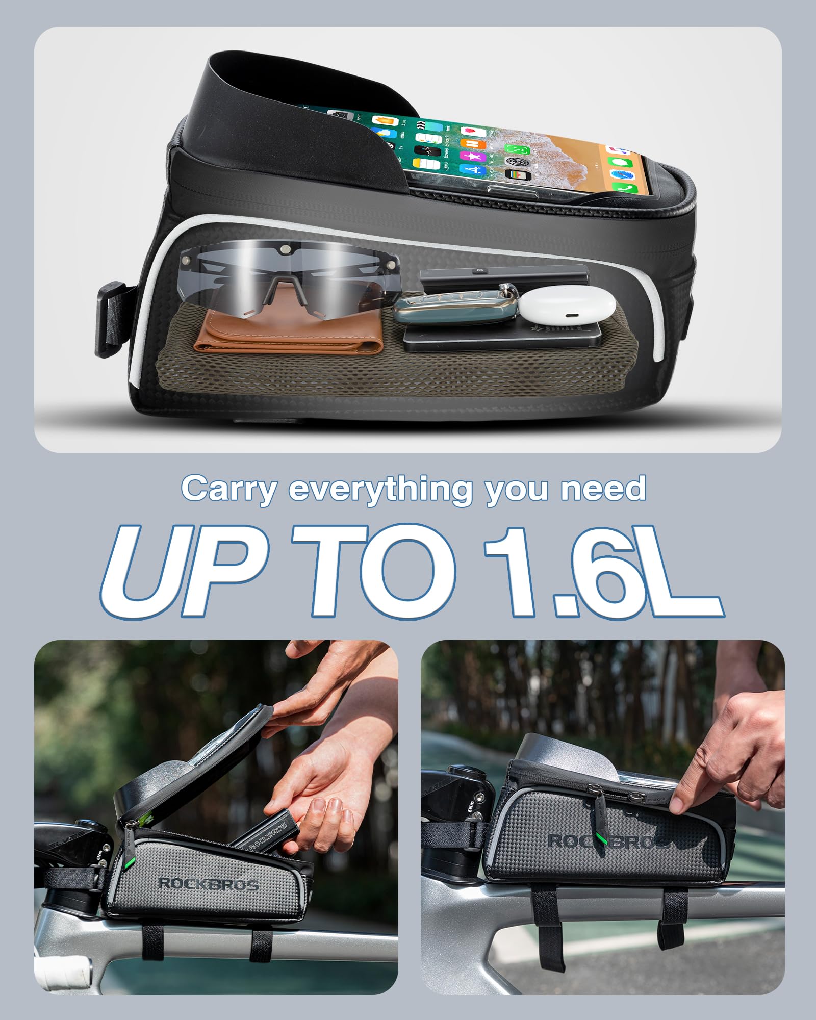 ROCKBROS Bike/Bicycle Phone Front Frame Bag, Waterproof, Tube Bag,Cycling Pouch, Bike Accessories for Men Compatible Phone Under 7”
