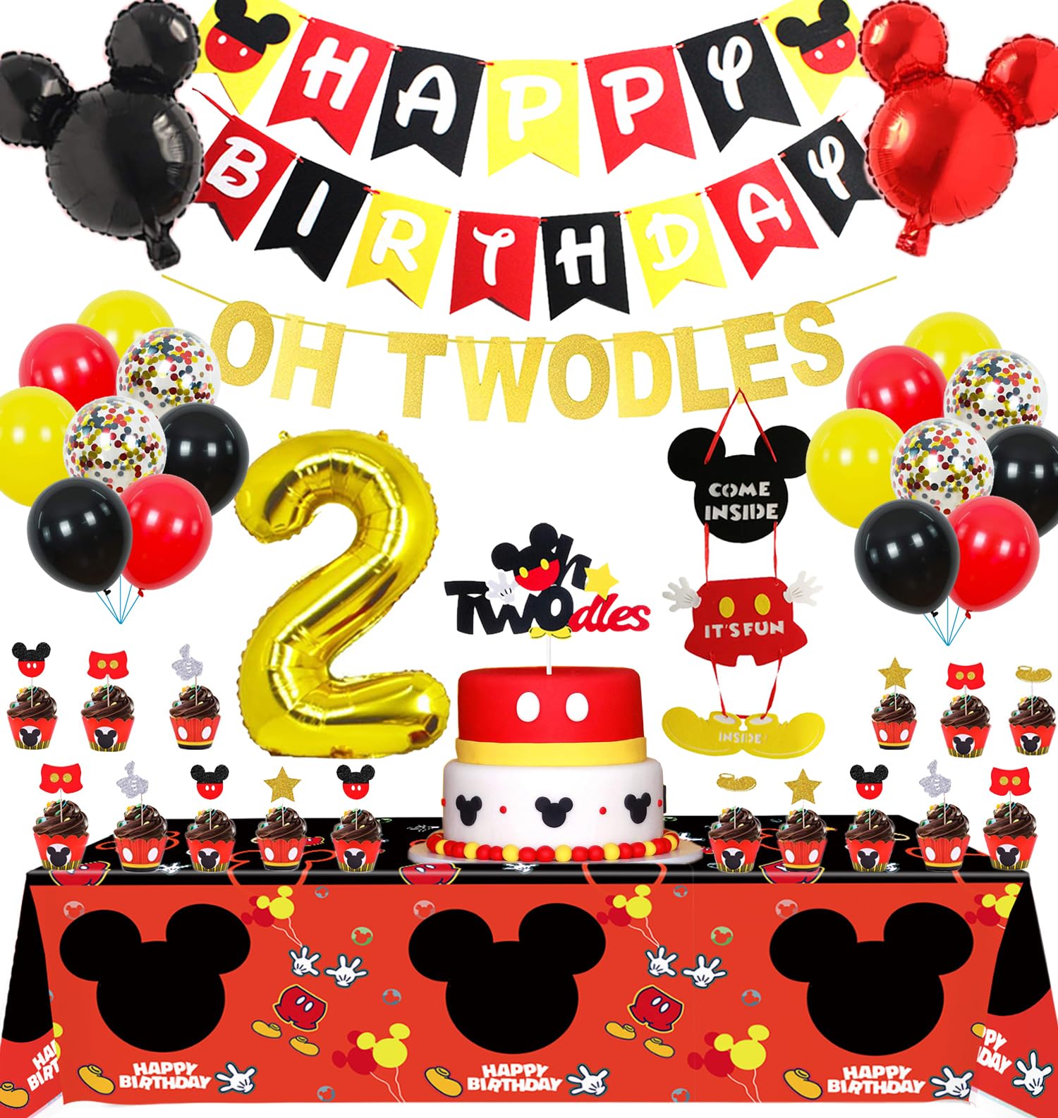 Mickey Mouse 2nd Birthday Party Supplies Oh Twodles Theme Party Decorations Includes Felt Banner,Welcome Hanger Door Sign, Tablecloth,Cake Cupcake Toppers,Mickey Head Balloons, 12 Latex Balloon