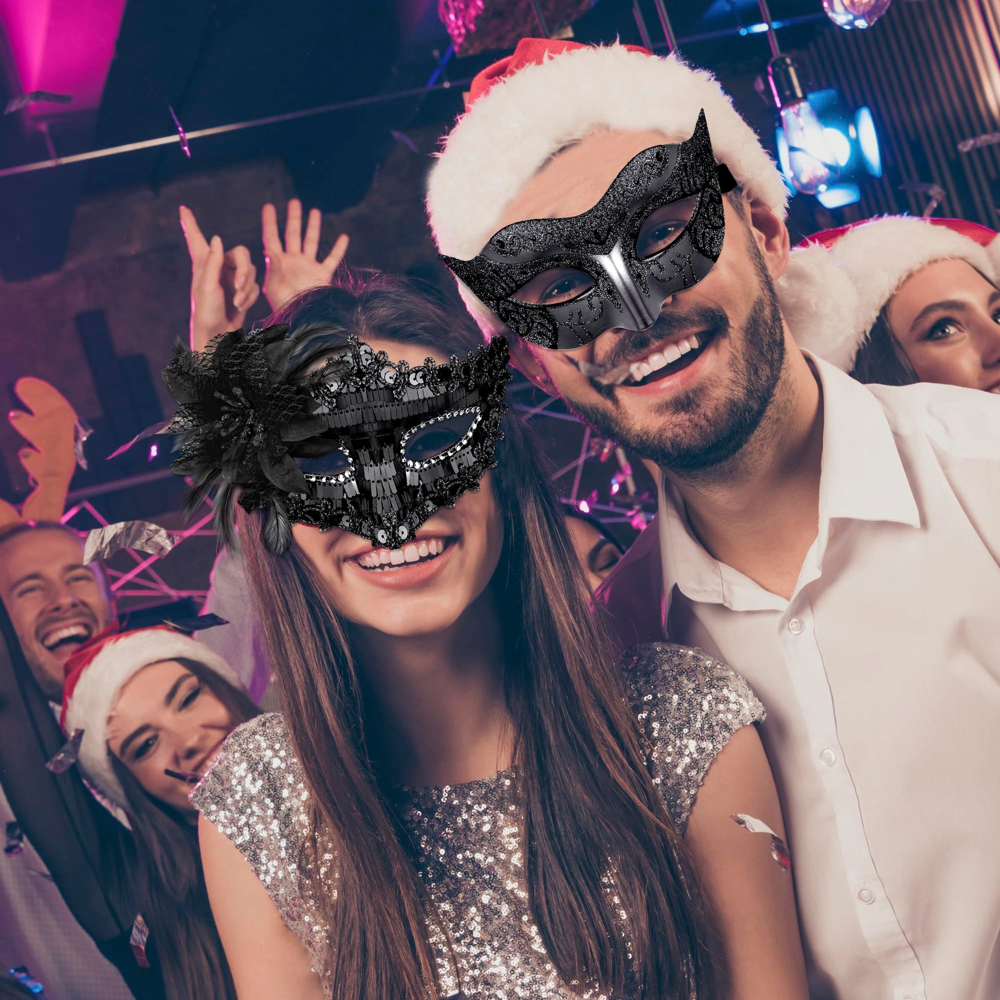 SIQUK Couple Masquerade Masks Sequins Venetian Party Plastic Halloween Costume Rhinestone Mardi Gras Mask for Women and Men, Black