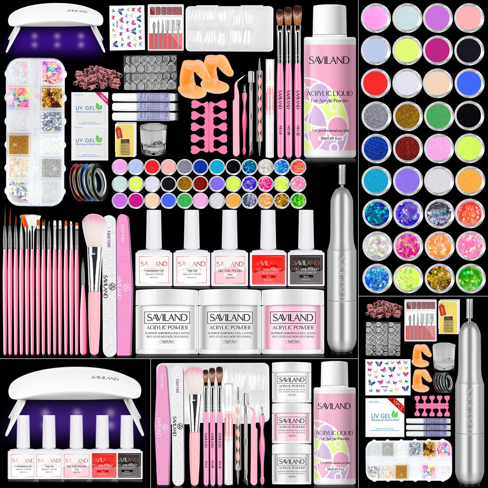SAVILAND Acrylic Nail Kit with Drill: Professional Nail Kit Acrylic Set for Beginners with Everything Gel Polish U V Light Decorations for Home Salon Gift Set