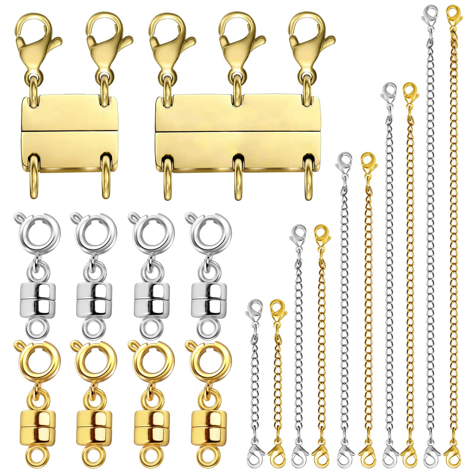 Evnlo Multi Necklace Layering Clasp and Chain Extender and Magnetic Jewelry Clasp Set, Gold and Silver Multiple Styles Necklace Extenders for Women