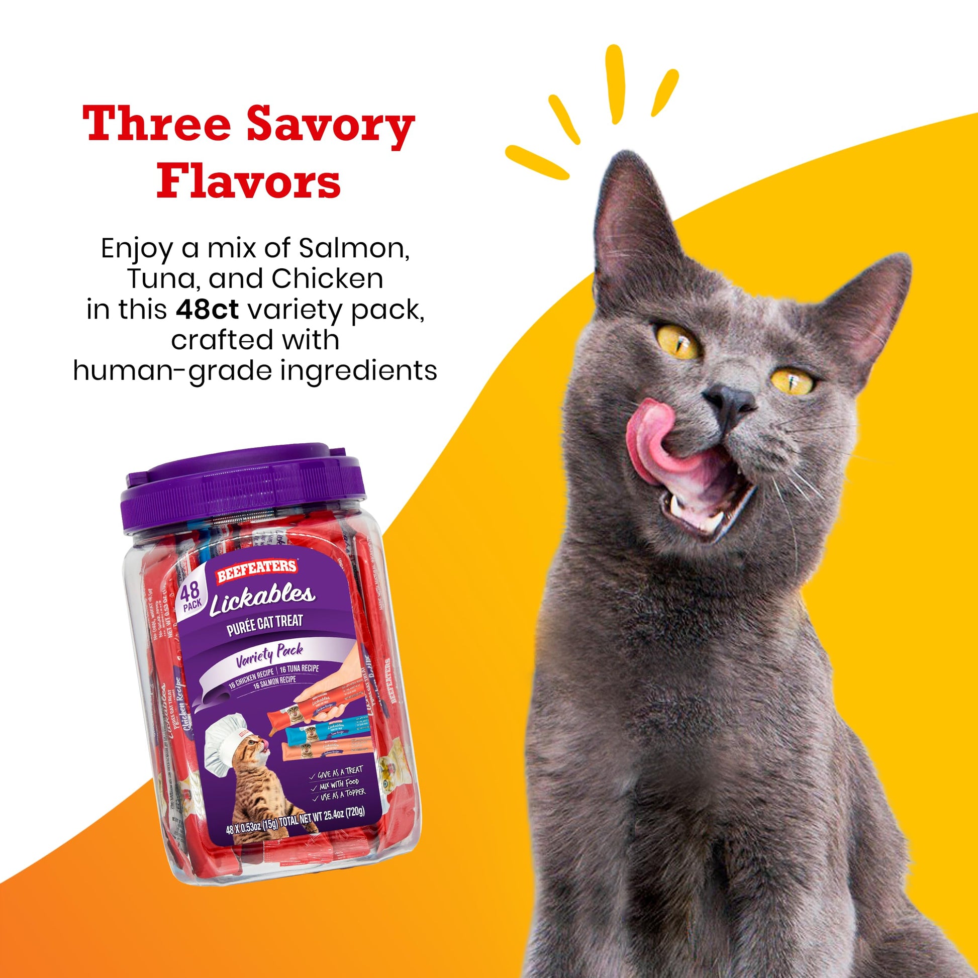 Beefeaters Cat Treats Variety Pack Lickable Puree 48ct – Salmon, Tuna & Chicken, Grain-Free, Taurine-Enriched, Ideal for Training & Interactive Feeding