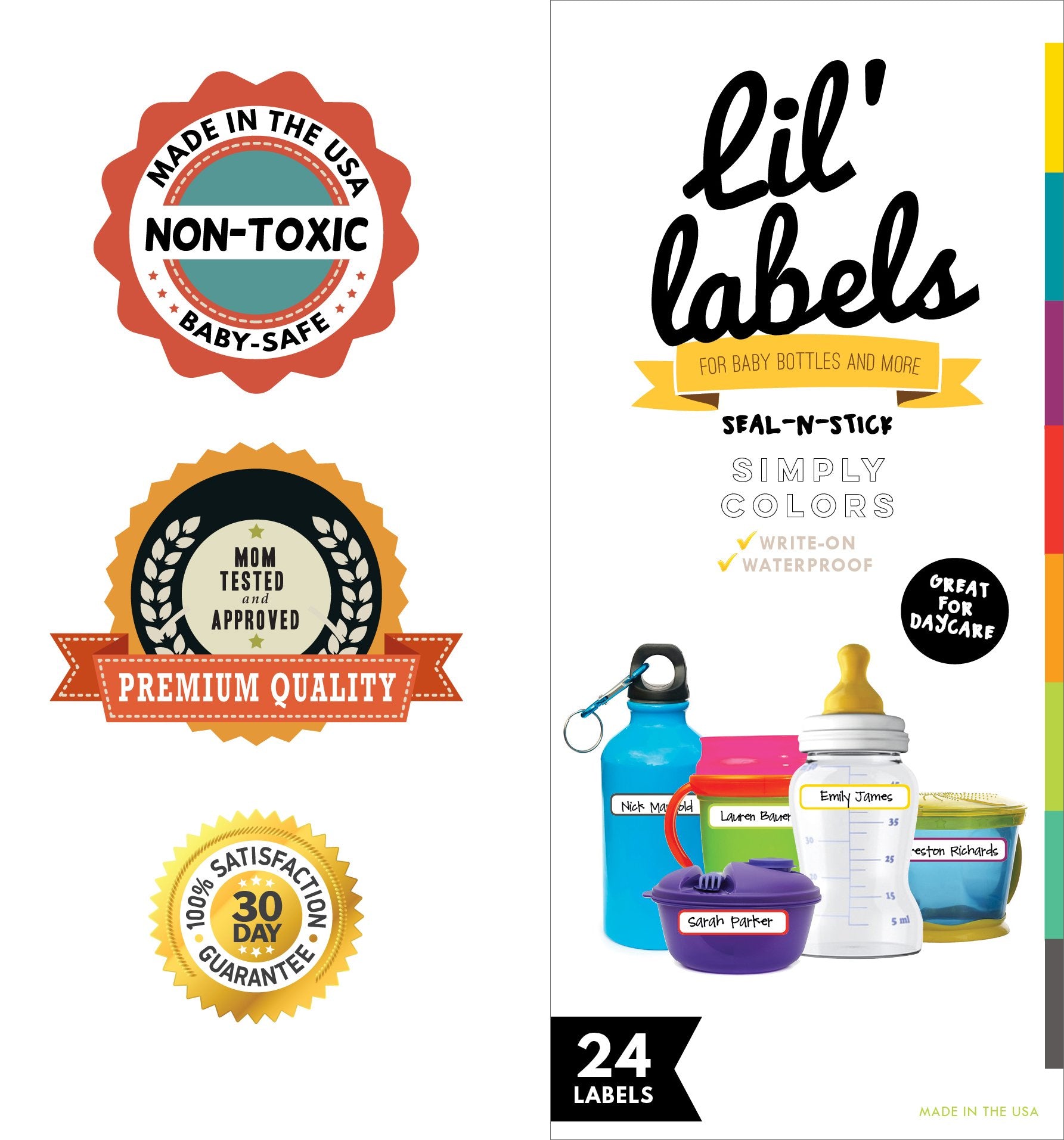 Bottle Labels, Food Pantry Label, Write-On, Self-Laminating, Waterproof Kids Name Labels for Baby Bottles for Daycare School, Dishwasher, Freezer, Kitchen Safe (Simply Colors - Rainbow Inspired))