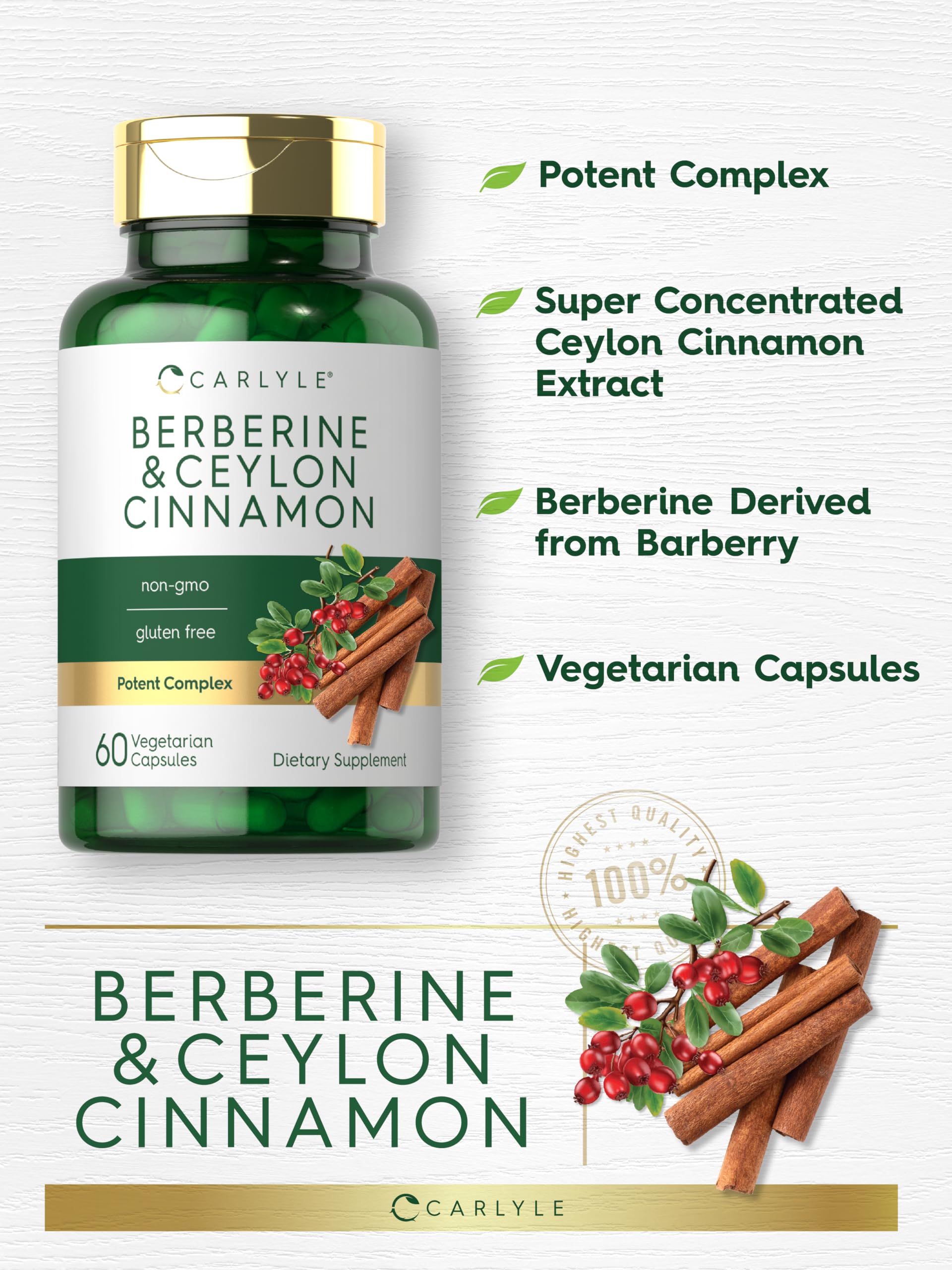 Carlyle Berberine with Ceylon Cinnamon | 2000mg Complex | 60 Capsules | Vegetarian, Non-GMO, Gluten Free