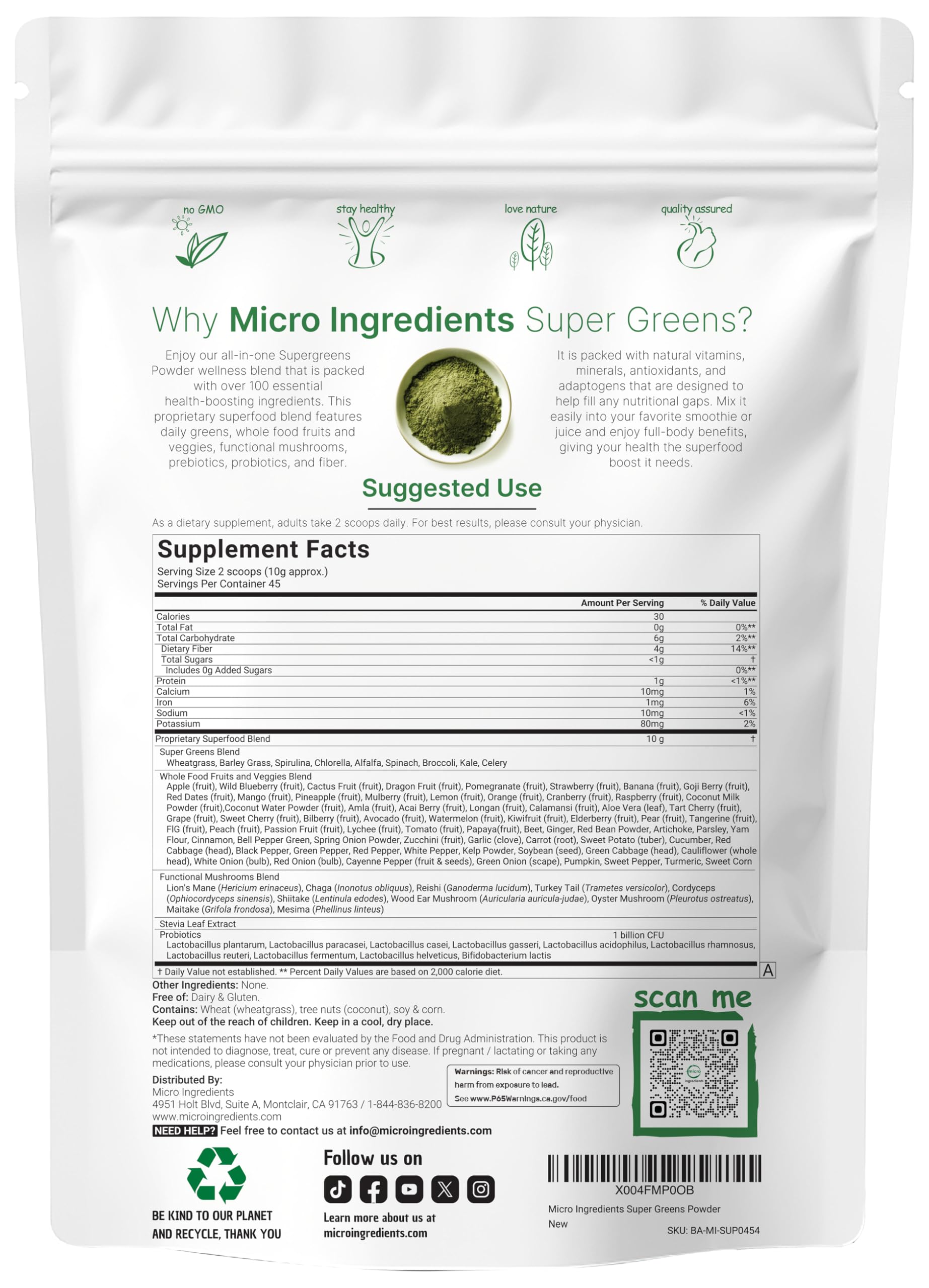 Micro Ingredients Super Greens Powder, 1lb | 100 Superfood Blend with Daily Greens, Fruits, Vegetables, Mushrooms & Probiotics | Source of Vegan Protein & Enzymes | Non-GMO, Gluten-Free, No Additives