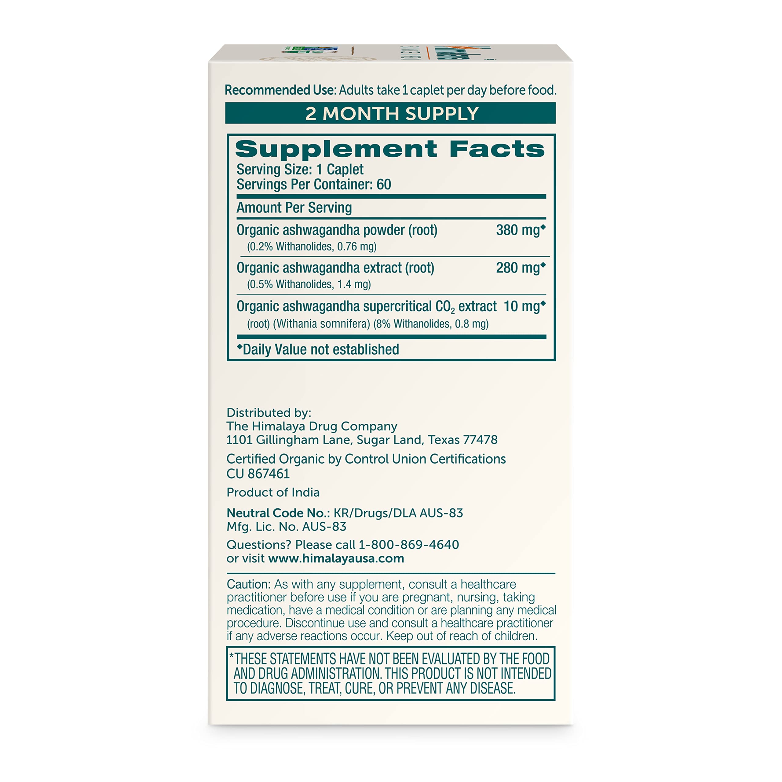 Himalaya Organic Ashwagandha Root, 60 Day Supply - Herbal Adrenal Support Supplements for Stress Relief and Energy Support - USDA Organic, Non-GMO, Vegan, Gluten Free, No Additives, 670 mg, 60 Caplets