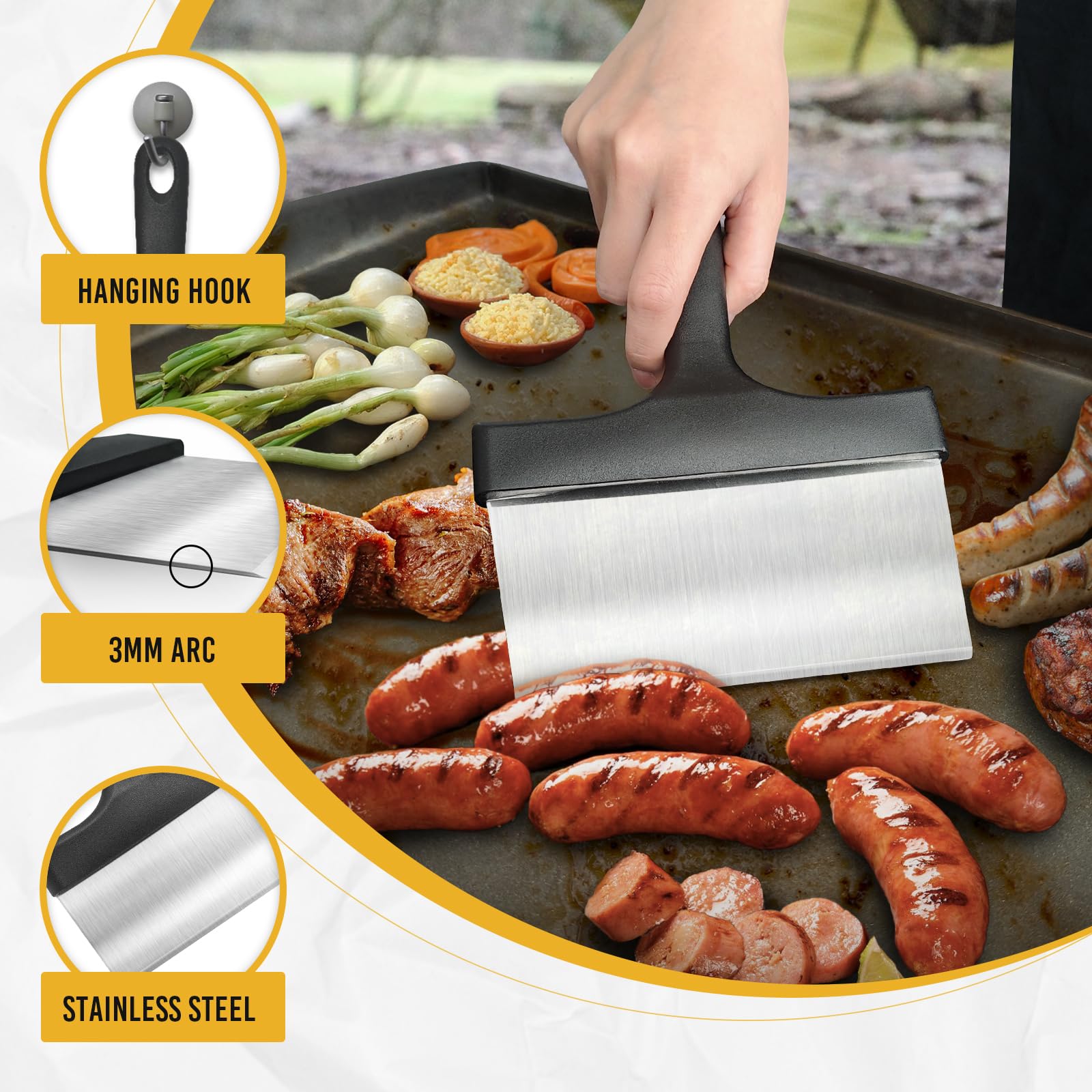 Heavy Duty Grill Scraper Stainless Steel Griddle Scraper with 5" Handle,Sturdy Food Scraper Tool Kitchen for Blackstone Grill Accessories,Outdoor Barbecue Turners Tools