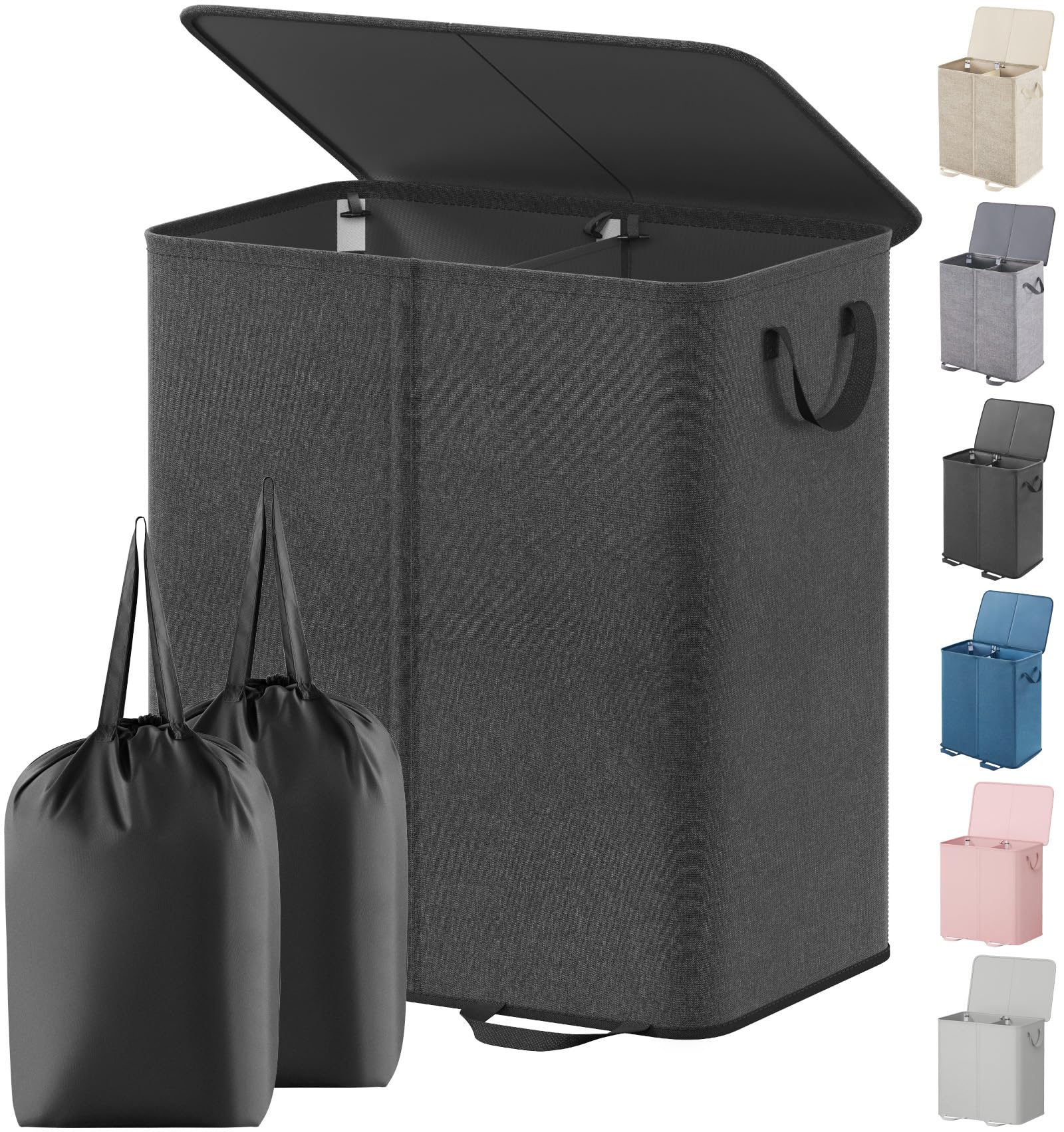 Lifewit Double Laundry Hamper with Lid and Removable Laundry Bags, Large Collapsible 2 Dividers Dirty Clothes Basket with Handles for Bedroom, Laundry Room, Closet, Bathroom, College, 136L Black