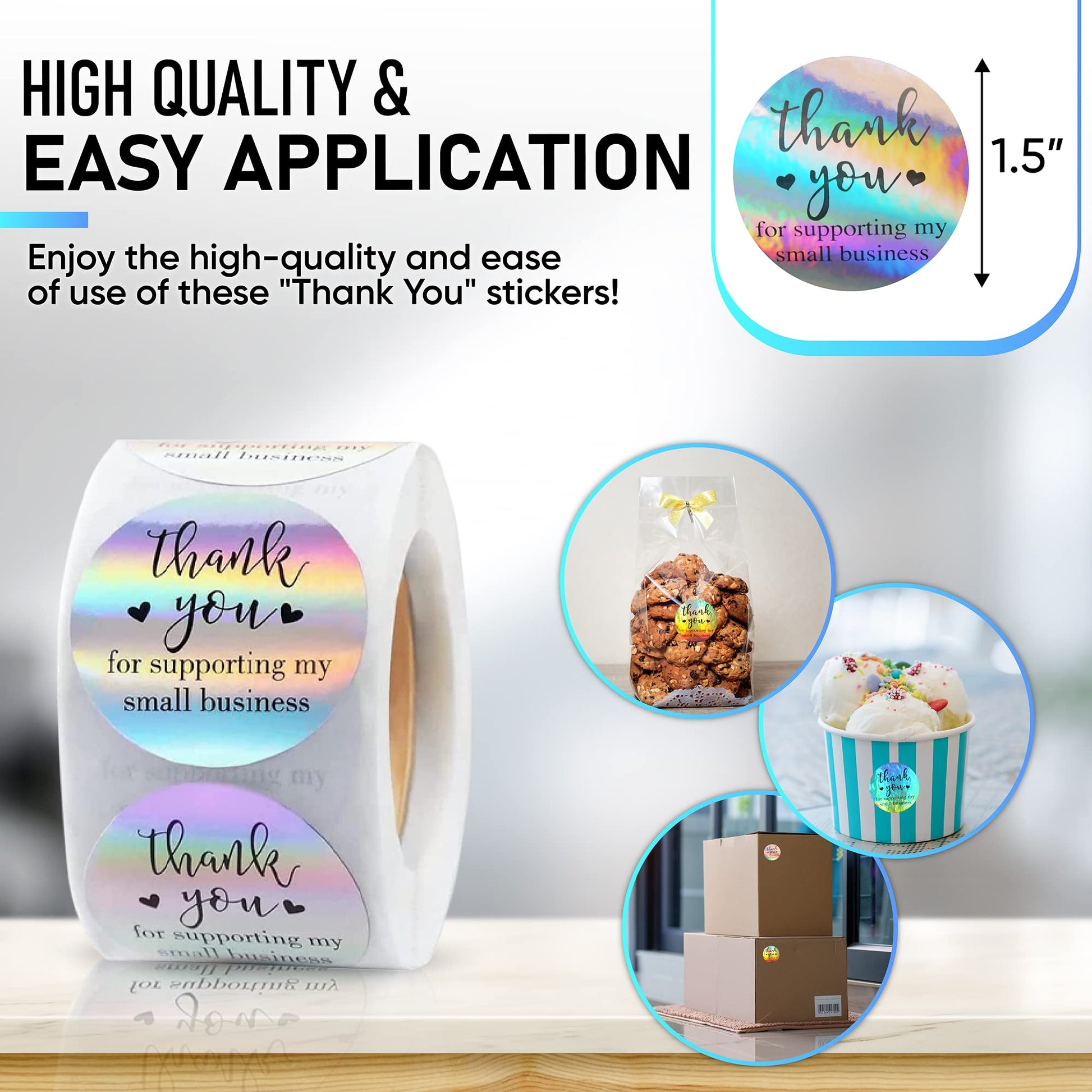 500 PCS Holographic Thank You for Supporting My Small Business Stickers – 1.5 Inch Round Self-Adhesive Waterproof Labels – Eye-Catching Packaging Seals for Orders, Gift Bags, Boxes & Envelopes