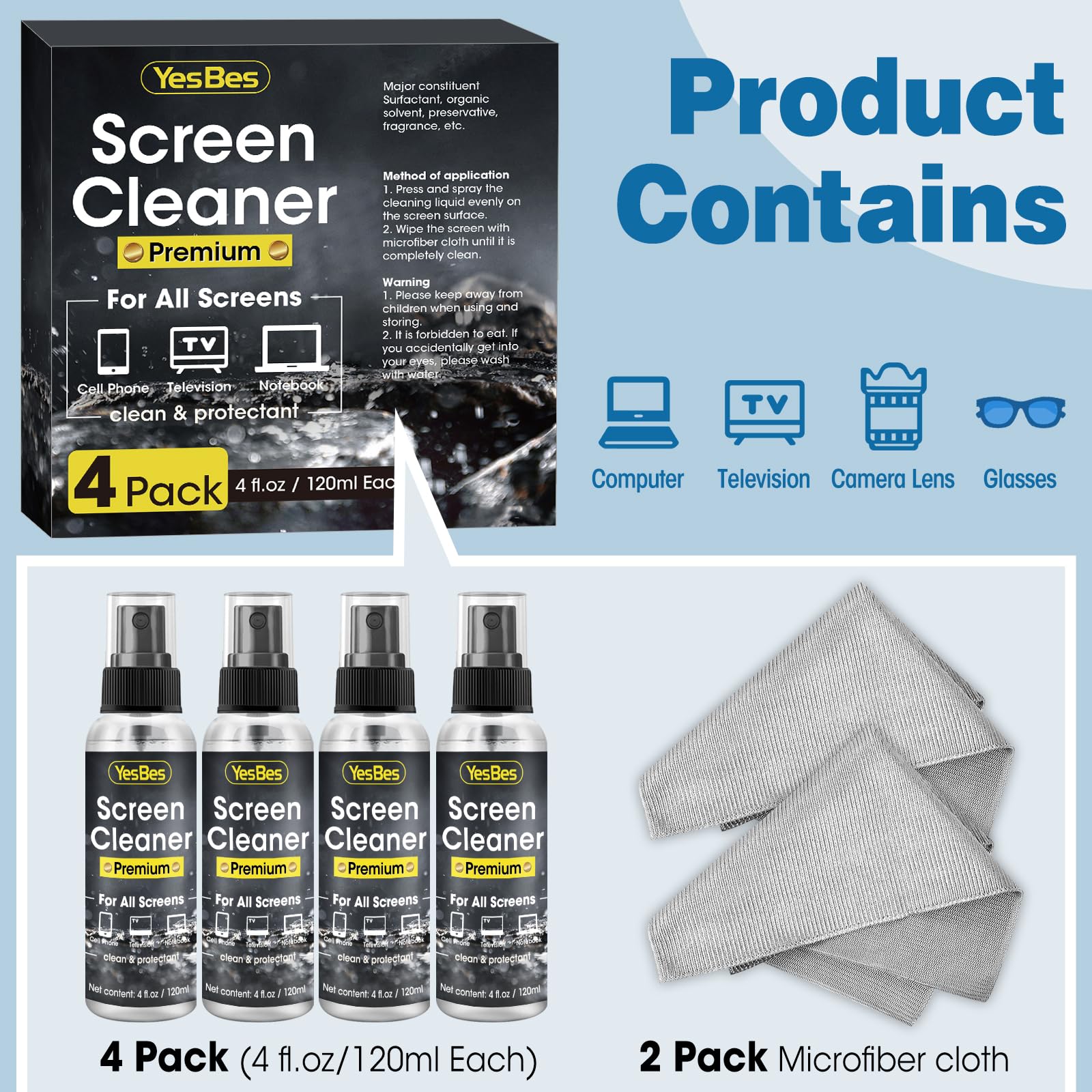 Screen Cleaner Spray 16oz (4oz x 4 Pack) - TV & Computer Screen Cleaner with 2 Microfiber Cloths for Multiple Devices