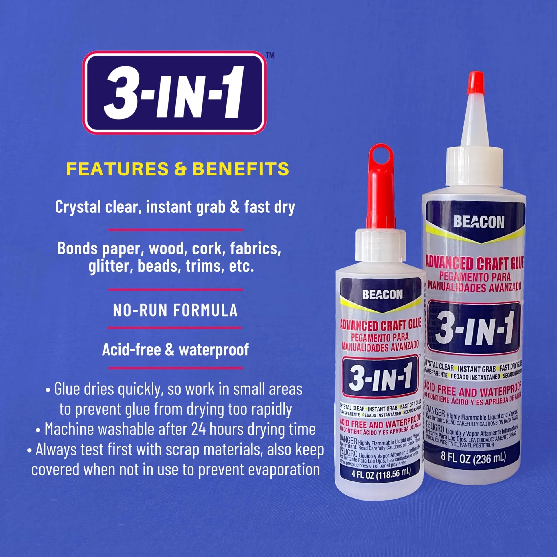 BEACON 3-in-1 Advanced Craft Glue - Fast-Drying, Crystal Clear Adhesive for Wood, Ceramics, Fabrics, and More, 8-Ounce