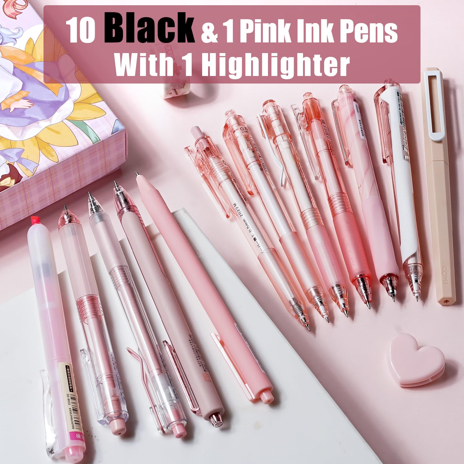 Four Candies Rose Series Gel Pens, Cute Writing Pens with Black & Pink Ink, 0.5 mm Smooth Fine Point, Back to School Office Supplies Girly Stationery Aesthetic Desk Accessories for Women, Set of 12