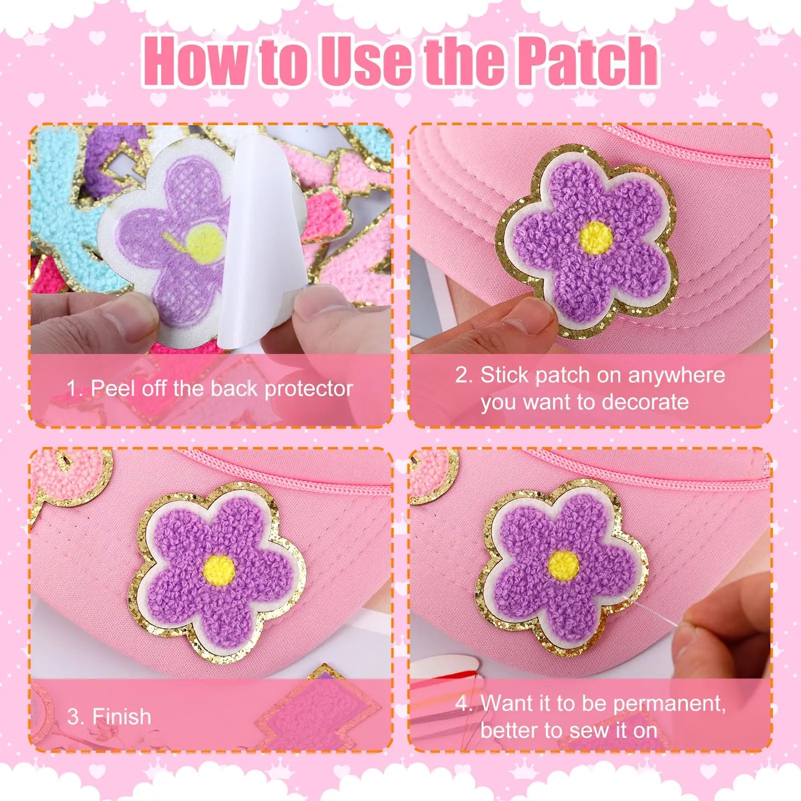 72 Pcs Preppy Chenille Patches Self Adhesive Embroidered for DIY Clothing,Include 52 A-Z Chenille Letter Patches Stickers,20 Rainbow Flower Lighting Bowknot Stick on Patches for Bags Backpacks Hats