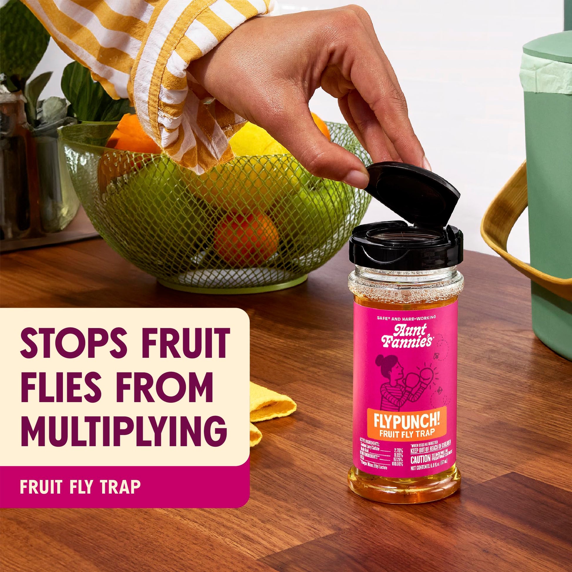 Aunt Fannie's FlyPunch Fruit Fly Trap for Indoor and Kitchen Use, Ready to Use, Made with Plant Based Ingredients, Safe Near Food, Each Bottle Lasts Up to 30 Days, Pack of 1