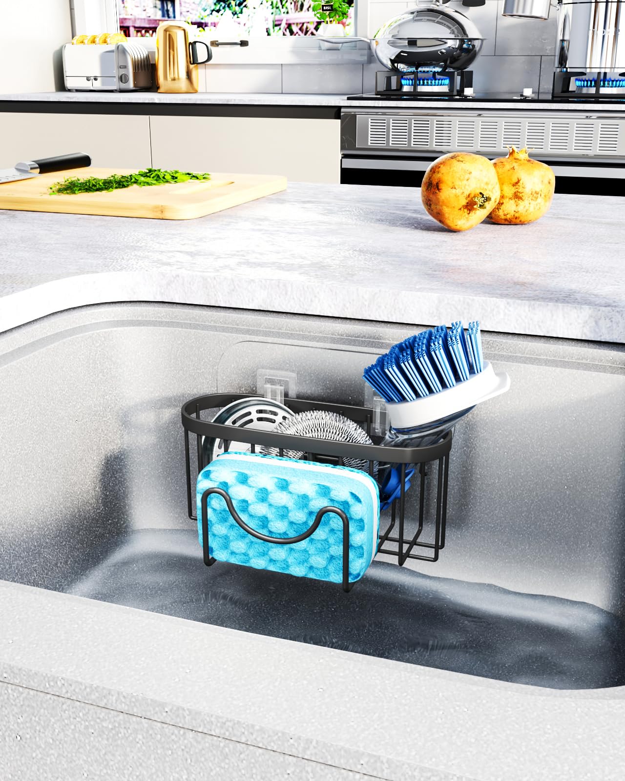 HapiRm Multifunctional Sponge Holder with Unique M-Shaped, 2 Installation Methods Kitchen Sink Caddy Organizer, Rustproof Stainless Steel Sponge Caddy for Brush, Sink Stopper and Scraper -Black