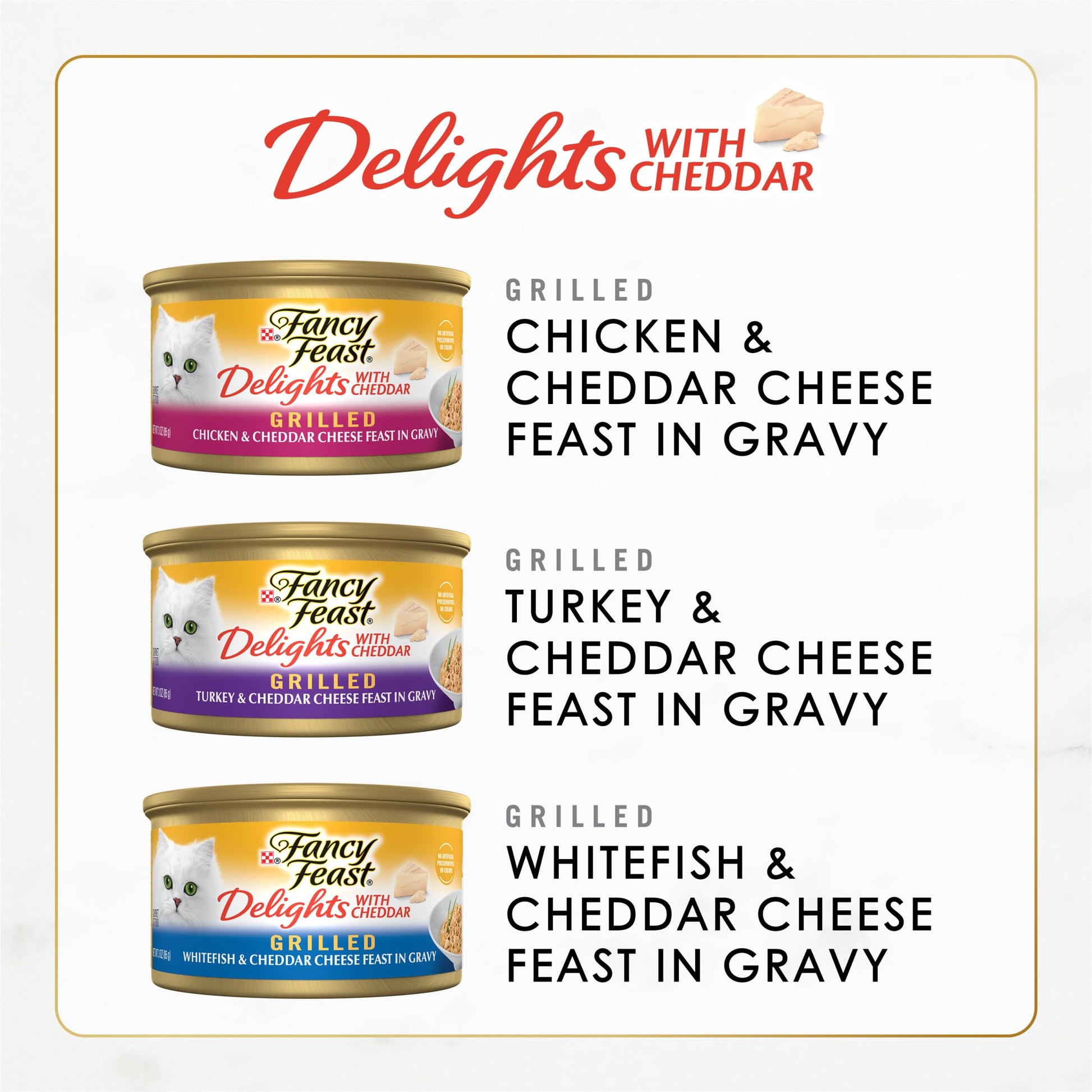 Purina Fancy Feast Delights with Cheddar Grilled Chicken, Turkey or Whitefish and Cheddar Cheese Feast in Gravy Wet Cat Food Variety Pack - (Pack of 24) 3 oz. Cans