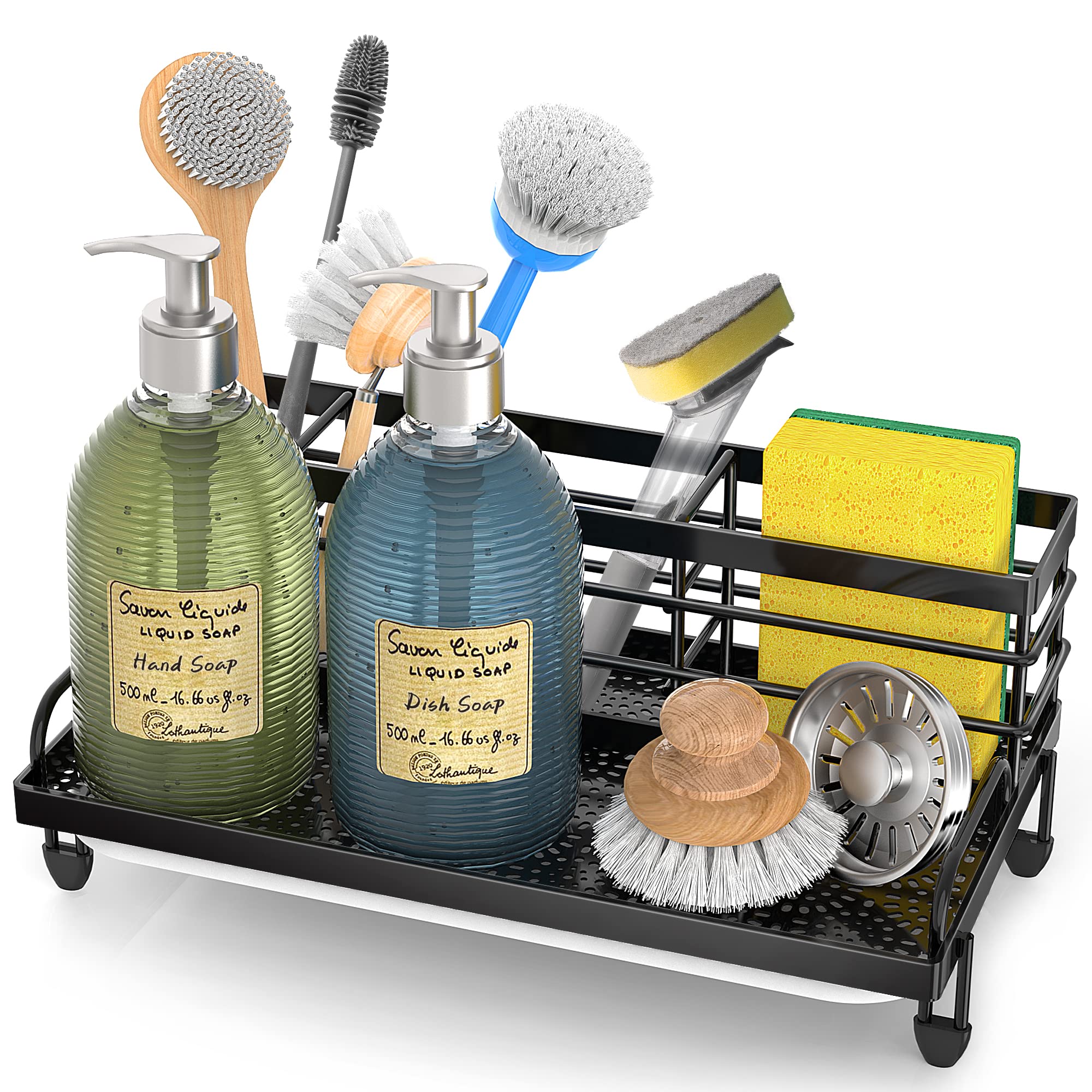 Cisily Large Kitchen Sink Caddy Organizer, Rustproof Non-Slip Soap Dish Dispenser Brush, Sponge Holder for Kitchen Sink, Kitchen Organization and Storage, Home Essentials Accessories(Black)