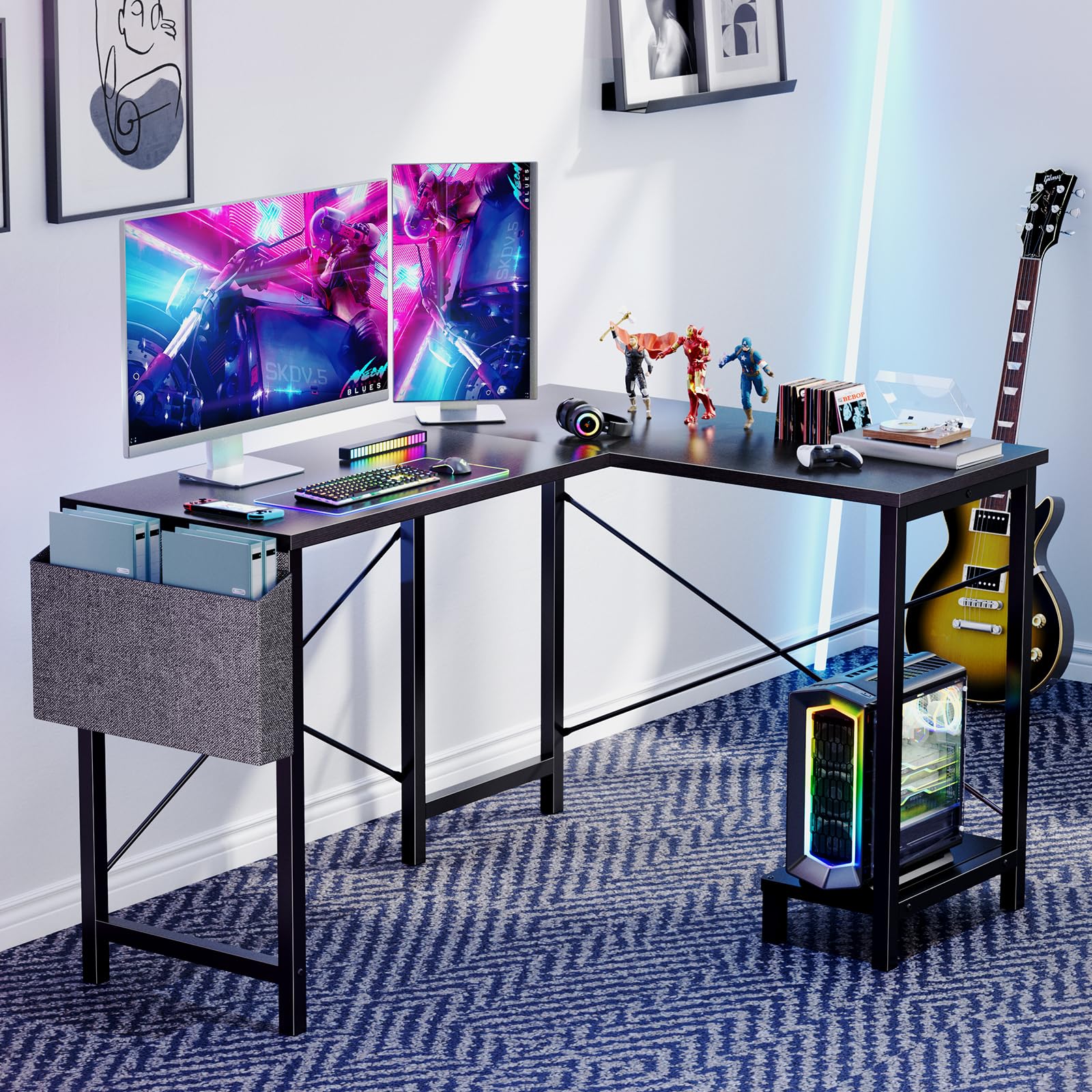 Sweetcrispy L Shaped Desk - Computer Desk Corner Desks Gaming Desk PC Table with CPU Stand Side Bag for Home Office Dorm Sturdy Writing Workstation, Black, 50-Inch