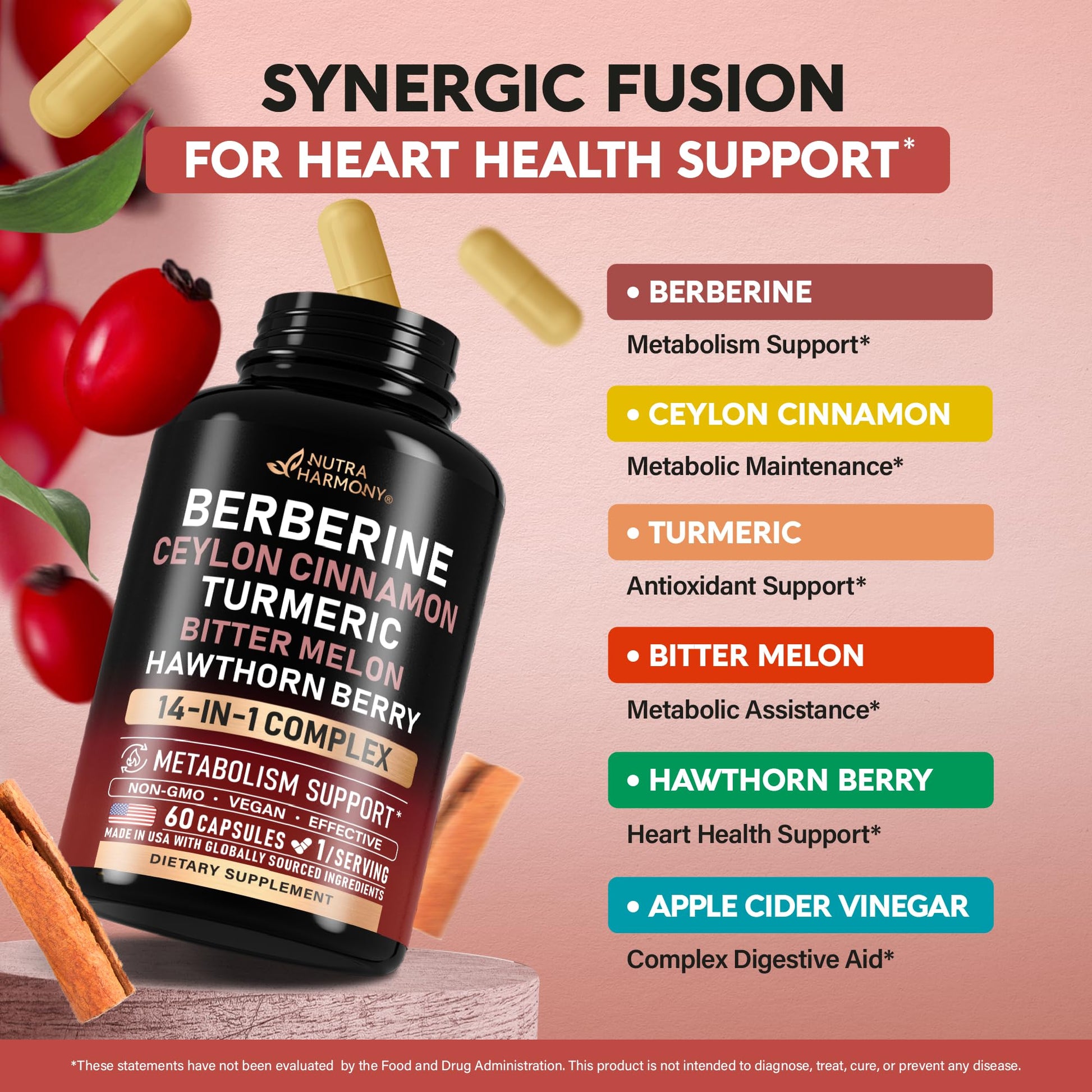 Berberine with Ceylon Cinnamon | Gymnema Extract | Apple Cider Vinegar | Hawthorn Berry | Citrus Bergamot | Bitter Melon - 14-in-1 Supplement for Heart Support, Metabolism & Energy - Vegan 60 Capsules