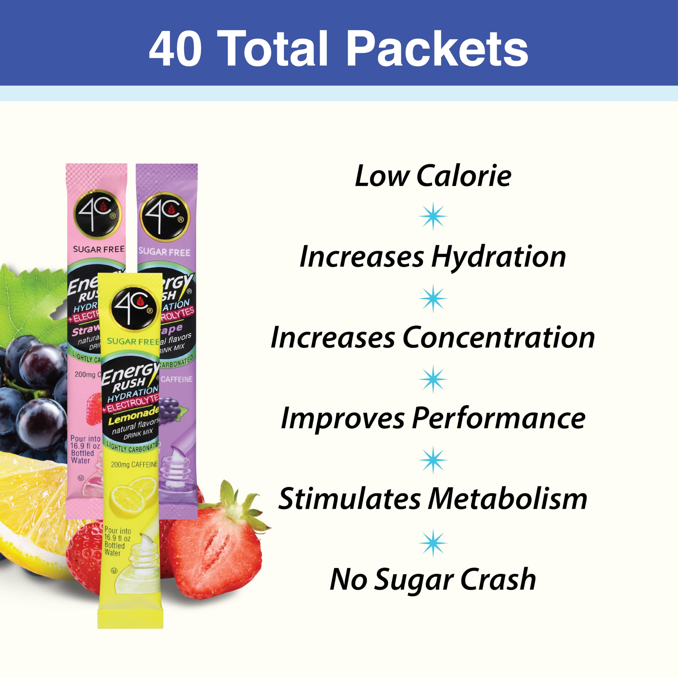 4C Energy Rush PSD with Electrolytes Variety Pack Stix, 40 ct (14 Lemonade, 12 Strawberry/14 Grape)