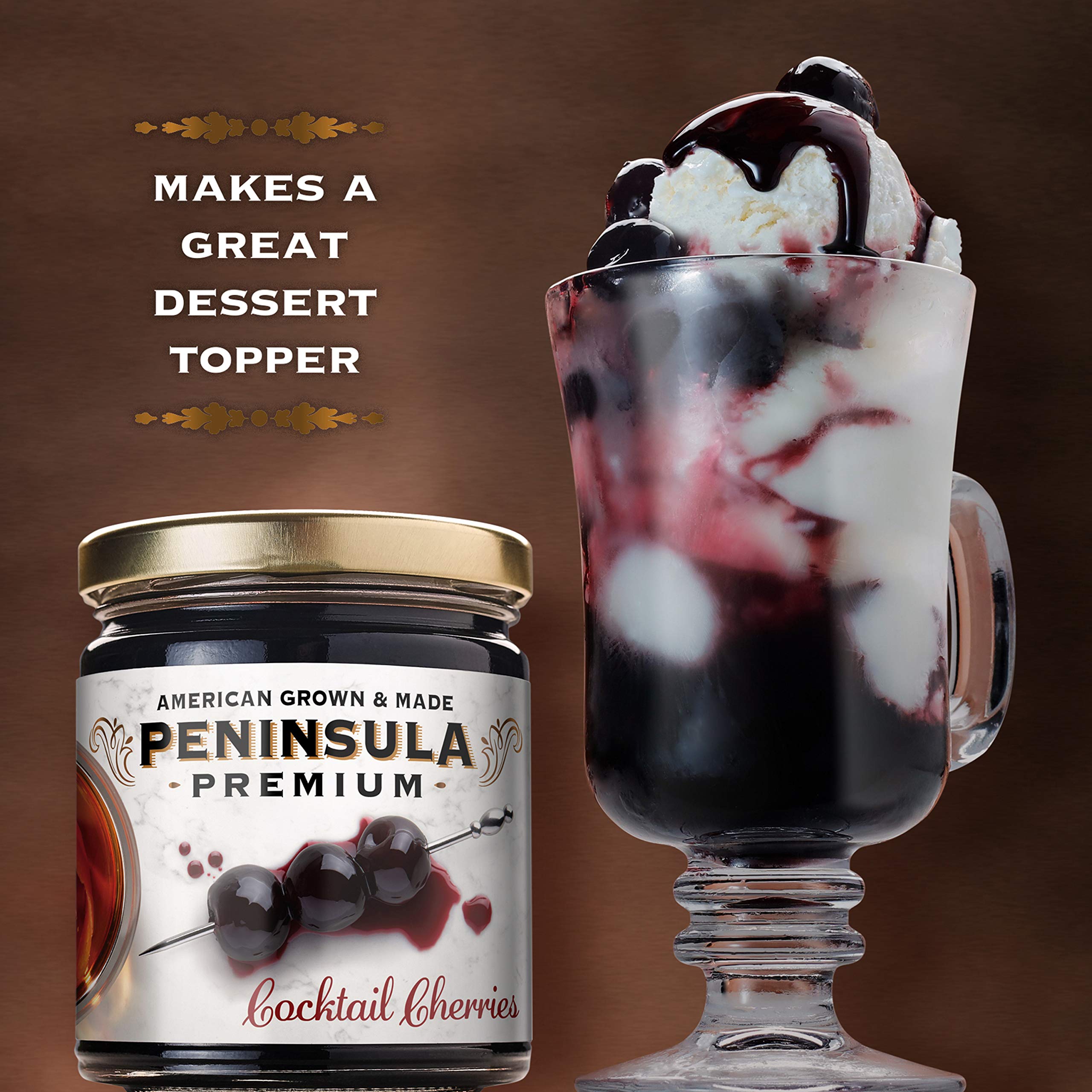Peninsula Premium Cocktail Cherries | Award Winning | Deep Burgundy-Red | Silky Smooth, Rich Syrup | Luxe Fruit Forward, Sweet-Tart Flavor | Gourmet | American Grown & Made | 10.5 Ounce